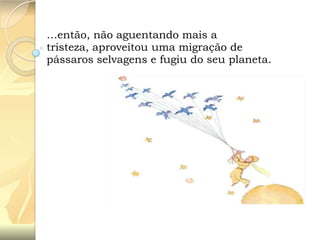 …então, não aguentando mais a
tristeza, aproveitou uma migração de
pássaros selvagens e fugiu do seu planeta.

 
