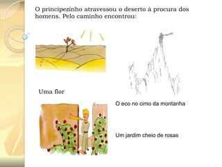 O principezinho atravessou o deserto à procura dos
homens. Pelo caminho encontrou:

Uma flor
O eco no cimo da montanha

Um jardim cheio de rosas

 