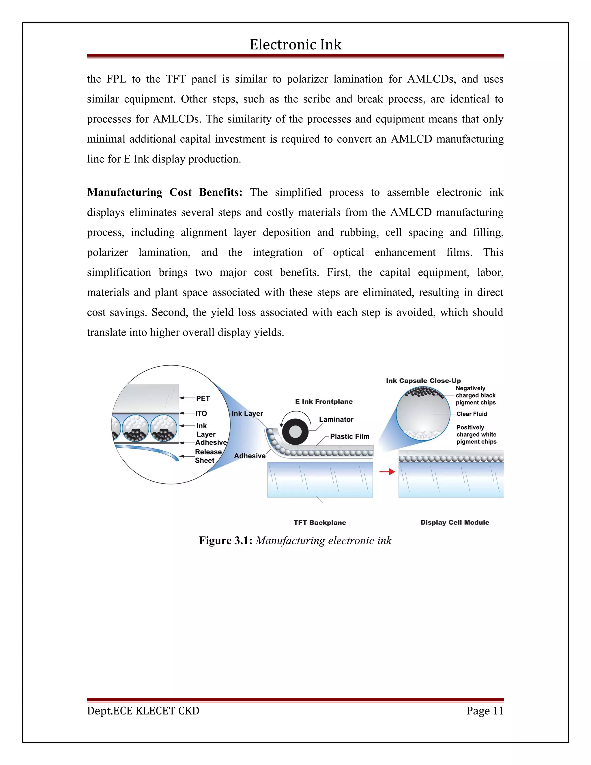 Electronic Ink
the FPL to the TFT panel is similar to polarizer lamination for AMLCDs, and uses
similar equipment. Other steps, such as the scribe and break process, are identical to
processes for AMLCDs. The similarity of the processes and equipment means that only
minimal additional capital investment is required to convert an AMLCD manufacturing
line for E Ink display production.
Manufacturing Cost Benefits: The simplified process to assemble electronic ink
displays eliminates several steps and costly materials from the AMLCD manufacturing
process, including alignment layer deposition and rubbing, cell spacing and filling,
polarizer lamination, and the integration of optical enhancement films. This
simplification brings two major cost benefits. First, the capital equipment, labor,
materials and plant space associated with these steps are eliminated, resulting in direct
cost savings. Second, the yield loss associated with each step is avoided, which should
translate into higher overall display yields.
Figure 3.1: Manufacturing electronic ink
Dept.ECE KLECET CKD Page 11
 