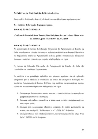 3- Critérios de Distribuição de Serviço Letivo
Em relação à distribuição do serviço letivo foram considerados os seguintes aspetos:
3.1- Critérios de formação de grupos / turmas
EDUCAÇÃO PRÉ-ESCOLAR
Critérios de Constituição de Turmas, Distribuição do Serviço Letivo e Elaboração
de Horários, para o Ano Letivo de 2013/2014

EDUCAÇÃO PRÉ-ESCOLAR
Na constituição de turmas da Educação Pré-escolar do Agrupamento de Escolas de
Cuba prevalecem os critérios de natureza pedagógica definidos no Projeto Educativo e
no Regulamento Interno do Agrupamento, a eficaz gestão e rentabilização de recursos
humanos e materiais existentes e o respeito pela legislação em vigor.

As turmas da Educação Pré-escolar do Agrupamento de Escolas de Cuba são
constituídas em reunião de Departamento.

Os critérios e ou prioridades definidos nos números seguintes, são de aplicação
obrigatória, para a admissão e constituição de turmas das crianças da Educação Préescolar do Agrupamento de Escolas de Cuba, cuja matrícula ou renovação da mesma,
ocorra nos prazos normais previstos na legislação em vigor:

1. Crianças que frequentaram, no ano anterior, o estabelecimento de educação em
que pretendem renovar a matrícula;
2. Crianças mais velhas, contando-se a idade, para o efeito, sucessivamente em
anos, meses e dias;
3. Crianças com necessidades educativas especiais de caráter permanente, de
acordo com o artigo 19.º do Decreto -Lei n.º 3/2008, de 7 de janeiro;
4. Crianças filhas de pais estudantes menores, nos termos previstos no artigo 4º da
Lei n.º 90/2001, de 20 de agosto;

14

 