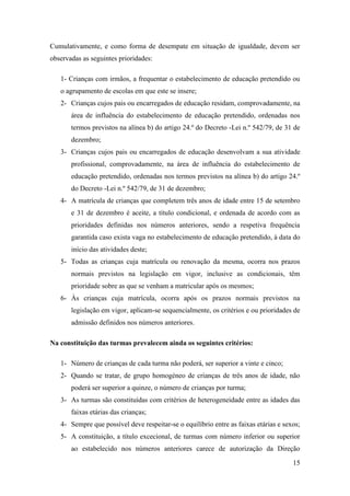 Cumulativamente, e como forma de desempate em situação de igualdade, devem ser
observadas as seguintes prioridades:
1- Crianças com irmãos, a frequentar o estabelecimento de educação pretendido ou
o agrupamento de escolas em que este se insere;
2- Crianças cujos pais ou encarregados de educação residam, comprovadamente, na
área de influência do estabelecimento de educação pretendido, ordenadas nos
termos previstos na alínea b) do artigo 24.º do Decreto -Lei n.º 542/79, de 31 de
dezembro;
3- Crianças cujos pais ou encarregados de educação desenvolvam a sua atividade
profissional, comprovadamente, na área de influência do estabelecimento de
educação pretendido, ordenadas nos termos previstos na alínea b) do artigo 24.º
do Decreto -Lei n.º 542/79, de 31 de dezembro;
4- A matrícula de crianças que completem três anos de idade entre 15 de setembro
e 31 de dezembro é aceite, a título condicional, e ordenada de acordo com as
prioridades definidas nos números anteriores, sendo a respetiva frequência
garantida caso exista vaga no estabelecimento de educação pretendido, à data do
início das atividades deste;
5- Todas as crianças cuja matrícula ou renovação da mesma, ocorra nos prazos
normais previstos na legislação em vigor, inclusive as condicionais, têm
prioridade sobre as que se venham a matricular após os mesmos;
6- Às crianças cuja matrícula, ocorra após os prazos normais previstos na
legislação em vigor, aplicam-se sequencialmente, os critérios e ou prioridades de
admissão definidos nos números anteriores.
Na constituição das turmas prevalecem ainda os seguintes critérios:
1- Número de crianças de cada turma não poderá, ser superior a vinte e cinco;
2- Quando se tratar, de grupo homogéneo de crianças de três anos de idade, não
poderá ser superior a quinze, o número de crianças por turma;
3- As turmas são constituídas com critérios de heterogeneidade entre as idades das
faixas etárias das crianças;
4- Sempre que possível deve respeitar-se o equilíbrio entre as faixas etárias e sexos;
5- A constituição, a título excecional, de turmas com número inferior ou superior
ao estabelecido nos números anteriores carece de autorização da Direção
15

 