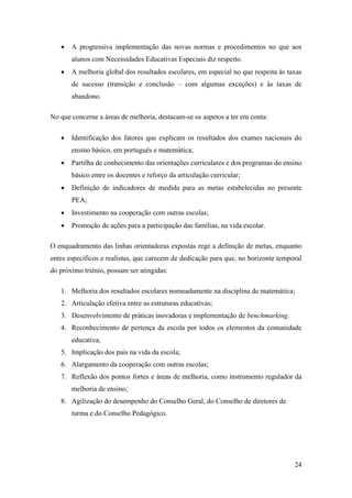 

A progressiva implementação das novas normas e procedimentos no que aos
alunos com Necessidades Educativas Especiais diz respeito.



A melhoria global dos resultados escolares, em especial no que respeita às taxas
de sucesso (transição e conclusão – com algumas exceções) e às taxas de
abandono.

No que concerne a áreas de melhoria, destacam-se os aspetos a ter em conta:


Identificação dos fatores que explicam os resultados dos exames nacionais do
ensino básico, em português e matemática;



Partilha de conhecimento das orientações curriculares e dos programas do ensino
básico entre os docentes e reforço da articulação curricular;



Definição de indicadores de medida para as metas estabelecidas no presente
PEA;



Investimento na cooperação com outras escolas;



Promoção de ações para a participação das famílias, na vida escolar.

O enquadramento das linhas orientadoras expostas rege a definição de metas, enquanto
entes específicos e realistas, que carecem de dedicação para que, no horizonte temporal
do próximo triénio, possam ser atingidas:
1. Melhoria dos resultados escolares nomeadamente na disciplina de matemática;
2. Articulação efetiva entre as estruturas educativas;
3. Desenvolvimento de práticas inovadoras e implementação de benchmarking.
4. Reconhecimento de pertença da escola por todos os elementos da comunidade
educativa;
5. Implicação dos pais na vida da escola;
6. Alargamento da cooperação com outras escolas;
7. Reflexão dos pontos fortes e áreas de melhoria, como instrumento regulador da
melhoria de ensino;
8. Agilização do desempenho do Conselho Geral, do Conselho de diretores de
turma e do Conselho Pedagógico.

24

 