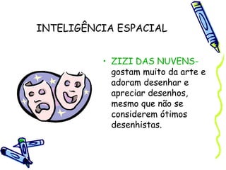 INTELIGÊNCIA ESPACIAL
• ZIZI DAS NUVENS-
gostam muito da arte e
adoram desenhar e
apreciar desenhos,
mesmo que não se
considerem ótimos
desenhistas.
 