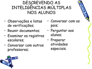 DESCREVENDO AS
INTELIGÊNCIAS MÚLTIPLAS
NOS ALUNOS
• Observações e listas
de verificações;
• Reunir documentos;
• Examinar os registros
escolares;
• Conversar com outros
professores;
• Conversar com os
pais;
• Perguntar aos
alunos;
• Preparar
atividades
especiais.
 