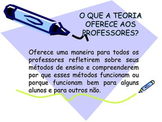 O QUE A TEORIA
OFERECE AOS
PROFESSORES?
Oferece uma maneira para todos os
professores refletirem sobre seus
métodos de ensino e compreenderem
por que esses métodos funcionam ou
porque funcionam bem para alguns
alunos e para outros não.
 