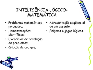 INTELIGÊNCIA LÓGICO-
MATEMÁTICA
• Problemas matemáticos
no quadro;
• Demonstrações
científicas;
• Exercícios de resolução
de problemas;
• Criação de códigos;
• Apresentação seqüencial
de um assunto;
• Enigmas e jogos lógicos.
 