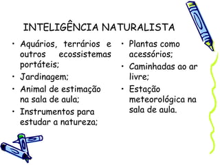 INTELIGÊNCIA NATURALISTA
• Aquários, terrários e
outros ecossistemas
portáteis;
• Jardinagem;
• Animal de estimação
na sala de aula;
• Instrumentos para
estudar a natureza;
• Plantas como
acessórios;
• Caminhadas ao ar
livre;
• Estação
meteorológica na
sala de aula.
 