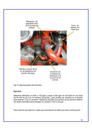 Manguera de
               aspiración des-
               de la bomba de                                           Llave de
                   cebado.                                             bajada del
                                                                        estanque




      Válvula y sensor de ai-
       re, se desactiva con                 Conexión de
         presión del agua.                  la bajada de
                                            estanque a la
                                            succión de la
                                               bomba


Fig. 8: algunas partes de la bomba.


Ejercicio

Debemos alimentar un pitón a 125 gpm y luego a 250 gpm el cual está en una línea
de 45 mts de 50 mm, en terreno horizontal, ¿que presión se necesita en la bomba
para obtener 7 bar en el pitón?. Debemos recordar que el 90% de los pitones nebline-
ros están diseñados para entregar su caudal a 7 bar o 100 psi.



Para resolver ese ejercicio, basta que consultemos la tabla que está a continuación.




                                                                                    10
 