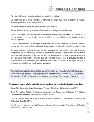 Analisis Financiero
                                                                 © Sena Virtual Distrito Capital 2005


  Para su elaboración se deben seguir los siguientes pasos:

  Se organizan las fuentes de ingresos para el periodo en cual se va a elaborar el flujo de
  efectivo (semanal, quincenal, mensual).

  Se organizan las fuentes de egreso para dicho periodo.

  Se resta del total de ingresos de efectivo el total de egresos de efectivo.

  Cuando se conoce la información de otras operaciones que se vayan a realizar en el
  futuro pueden repetirse el ejercicio para ilustrar los resultados que se pueden esperar
  de cada periodo.

  Cuando hay superávit, la empresa mantendrá una buena situación de liquidez y podrá
  pensar en hacer una utilidad adicional de recursos, por ejemplo capitalizar su empresa.

  En caso contrario deberá pensar en la necesidad de un crédito para los faltantes
  temporales de su actividad; cuando el empresario analiza la posibilidad de un crédito
  debe calcular los desembolsos que tendría que realizar en el periodo siguiente y sumarle
  un 10% para imprevistos, en caso que las actividades planeadas al proyectarlas con el
  flujo de fondos le muestren que presenta una situación de déficit, es signo de que la
  empresa necesitaría un crédito para realizarlo.



  Apreciado/a estudiante: para facilitar su comprensión con respecto al tema tratado, por
  favor, consulte el ejemplo “Estados Financieros de la Empresa Didáctica S.A.” (Documento
  de Apoyo Nº 2) al que puede acceder ingresando al botón Documentos – Semana 1.



El presente material del estudio fue extractado de los siguientes documentos:

- Estupiñán Gaitan, Rodrigo, Estados de Flujos y Efectivos, Editora Roesga 1997.

- Ortiz A. Héctor, Análisis Financiero Aplicado con Ajuste por Inflación. 9ª Edición.
  Universidad Externado de Colombia. Bogotá 1996.

- Ortiz A. Héctor. Flujo de Caja y Proyecciones Financieras. Universidad Externado de
  Colombia. Bogotá. 1997.

- Van Horne, J. y Wachowicz Jr, J. Fundamentos de Administración Financiera. 11ª Edición
  Prentice Hall. México 2002.
 