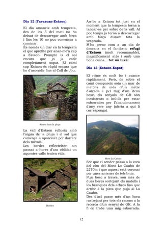 Dia 12 (Tavascan-Estaon)                   Arribe a Estaon tot just en el
                                           moment que la tempesta torna a
El dia amaneix amb tempesta,               tancar-se per sobre de la vall. Al
des de les 5 del matí no ha                poc temps ja torna a descarregar
deixat de descarregar amb força            amb força durant tota la
i fins les 10 no puc començar a            vesprada.
caminar.                                   M’ho prenc com a un dia de
És només un clar en la tempesta            descans en el fantàstic refugi
el que aprofite per anar-me’n cap          d’Estaon (molt recomanable),
a Estaon. Prompte ix el sol                magníficament atés i amb una
encara     que     jo   ja    estic        bona cuina... tot un luxe!
completament xopat. El camí
cap Estaon és ràpid encara que             Dia 13 (Estaon-Espot)
he d’ascendir fins al Coll de Jou.
                                           El ritme és molt bo i avance
                                           ràpidament. Però, de sobte el
                                           camí desapareix sota un mar de
                                           matolls de més d’un metre
                                           d’alçada i pel mig d’un dens
                                           bosc, els senyals de GR són
                                           inexistents o inútils per estar
                                           esborrades per l’abandonament
                                           d’any rere any (alerta a qui li
                                           corresponga).



          Aineto baix la pluja

La vall d’Estaon rellueix amb
l’aigua de la pluja i el sol que
comença a aparèixer per darrere
dels núvols.
Les bordes reflecteixen un
passat a hores d’ara oblidat on
aquestes valls tenien vida.
                                                       Mont Lo Caubo
                                           Sec que el sender passa a la vora
                                           del cim del Mont Lo Caubo de
                                           2270m i que aquest està coronat
                                           per unes antenes de telefonia.
                                           Puje bosc a través, són més de
                                           dues hores sortejant els matolls i
                                           les branques dels arbres fins que
                                           arribe a la pista que puja al Lo
                                           Caubo.
                                           Des d’ací passe més d’un hora
                                           rastrejant per tots els racons a la
                Bordes                     recerca d’un senyal de GR. A la
                                           fi en trobe una mig esborrada.


                                      12
 