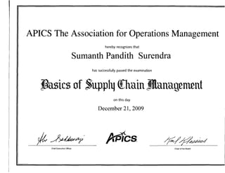 APICS The Association for Operations Management

                                             hereby recognizes that


                                Sumanth Pandith Surendra

                                     has successfully passed the examination




   JBasics of ~uppl~ OChain lIIanageJMnt

                                                   on this day

                                        December 21, 2009




  #J~'                                        jbS{cs                           ~-j?~

      Chief Executive Officer                                                   Chair of the Board
 