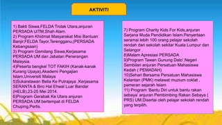 AKTIVITI 
1) Bakti Siswa,FELDA Trolak Utara,anjuran 
PERSADA UiTM,Shah Alam. 
2) Program Khidmat Masyarakat Misi Bantuan 
Banjir,FELDA Tayor,Terengganu,(PERSADA 
Kebangsaan) 
3) Program Gemilang Siswa,Kerjasama 
PERSADA UM dan Jabatan Penerangan 
Malaysia. 
4)Peserta bengkel TOT FAKIH (Kanak-kanak 
Kurang Upaya),Akademi Pengajian 
Islam,Universiti Malaya 
5)Sukarelawan Belia Ke Putrajaya ,Kerjasama 
SERANTA & Biro Hal Ehwal Luar Bandar 
(HELB),23-25 Mei 2014. 
6)Program Gerabak Ke Utara anjuran 
PERSADA UM bertempat di FELDA 
Chuping,Perlis. 
7) Program Charity Kids For Kids,anjuran 
Sarjana Muda Pendidikan Islam.Penyertaan 
seramai lebih 100 orang pelajar sekolah 
rendah dari sekolah sekitar Kuala Lumpur dan 
Selangor . 
8)Malam Apresiasi PERSADA 
9)Program Tawan Gunung Dato’,Negeri 
Sembilan anjuran Persatuan Mahasiswa 
Kedah ( PEMADAH) 
10)Sehari Bersama Persatuan Mahasiswa 
Kelantan (PMK) melawat muzium coklat , 
pameran sejarah Islam 
11) Program ‘Bantu Diri untuk bantu rakan 
sebaya’ anjuran Pembimbing Rakan Sebaya ( 
PRS) UM.Disertai oleh pelajar sekolah rendah 
yang terpilih. 
 