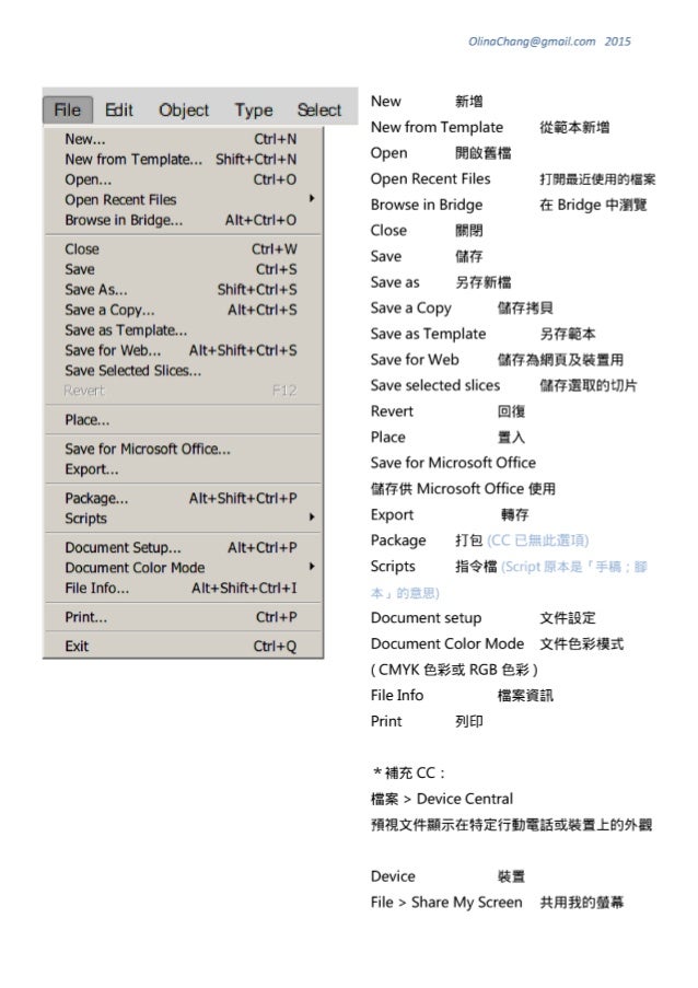 Illustrator 中英文介面對照