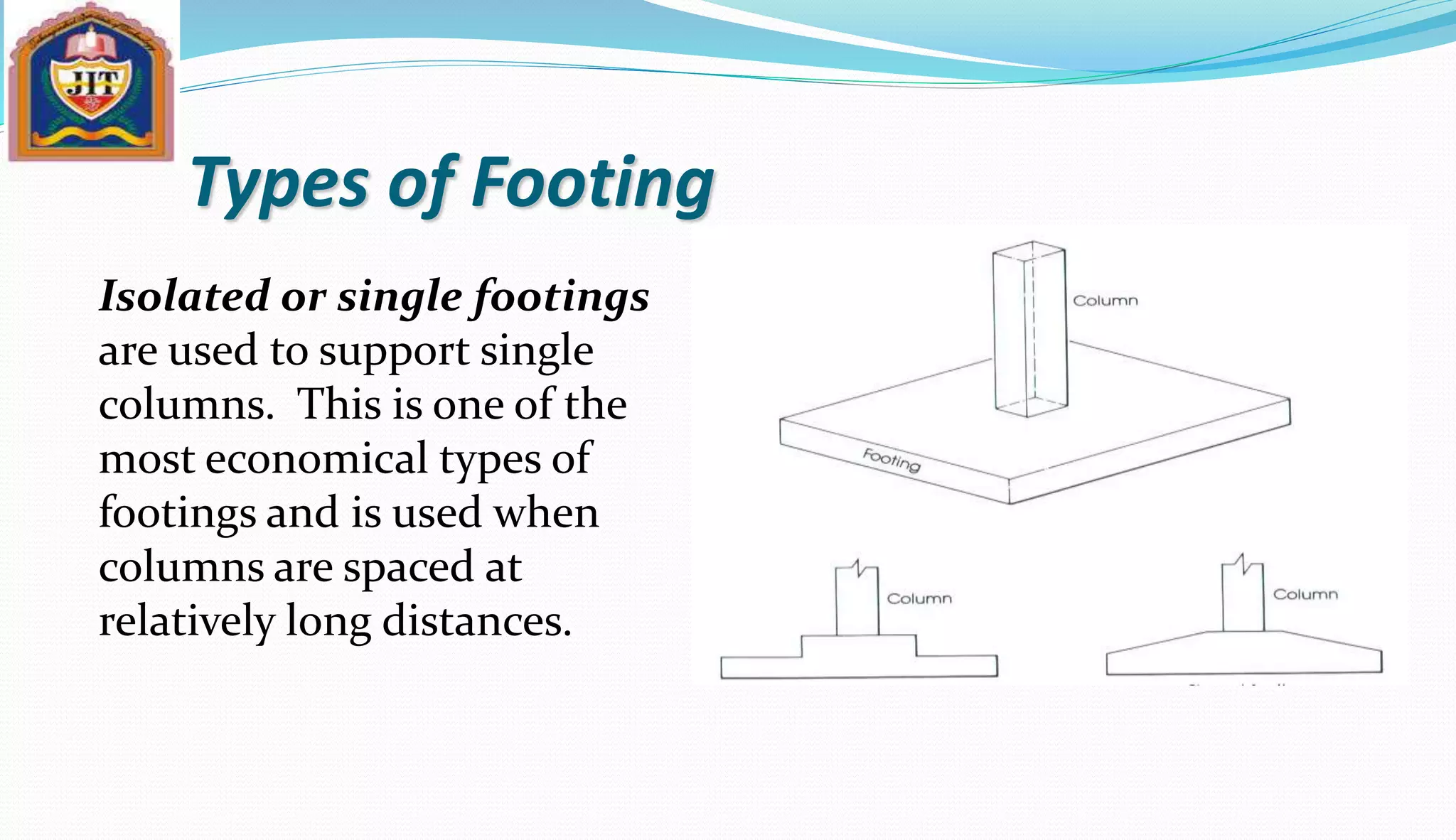 Types of Footing
Isolated or single footings
are used to support single
columns. This is one of the
most economical types of
footings and is used when
columns are spaced at
relatively long distances.
 
