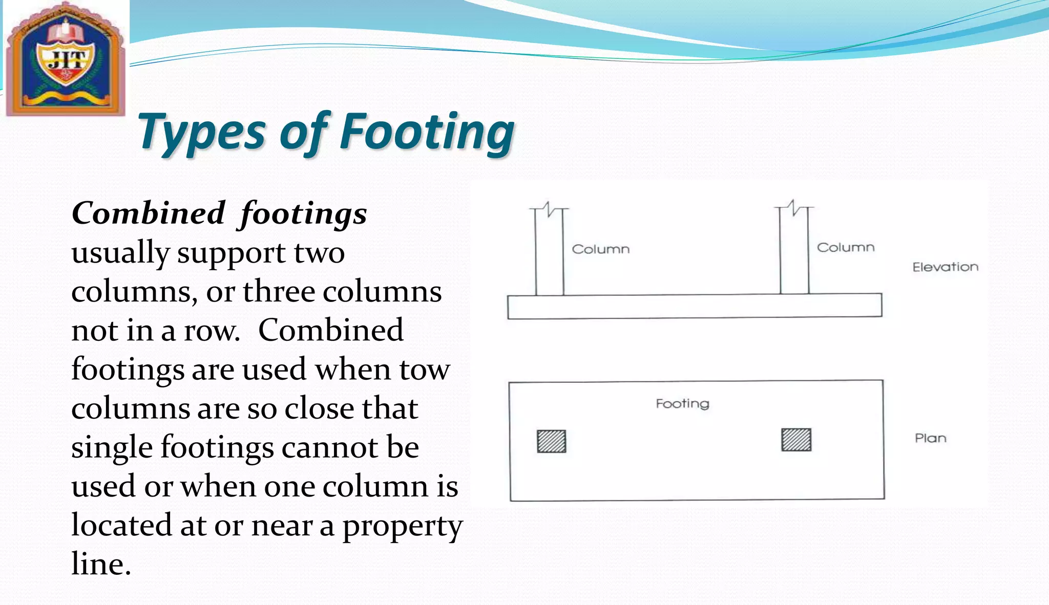 Types of Footing
Combined footings
usually support two
columns, or three columns
not in a row. Combined
footings are used when tow
columns are so close that
single footings cannot be
used or when one column is
located at or near a property
line.
 