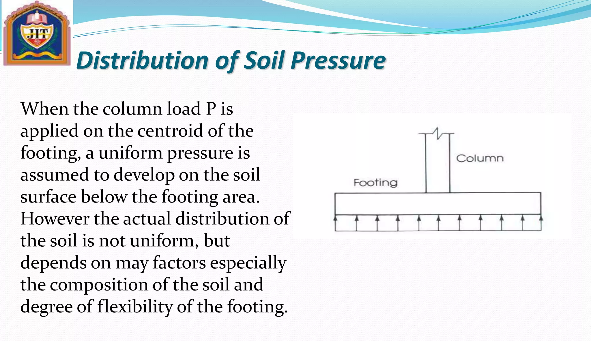 Distribution of Soil Pressure
When the column load P is
applied on the centroid of the
footing, a uniform pressure is
assumed to develop on the soil
surface below the footing area.
However the actual distribution of
the soil is not uniform, but
depends on may factors especially
the composition of the soil and
degree of flexibility of the footing.
 
