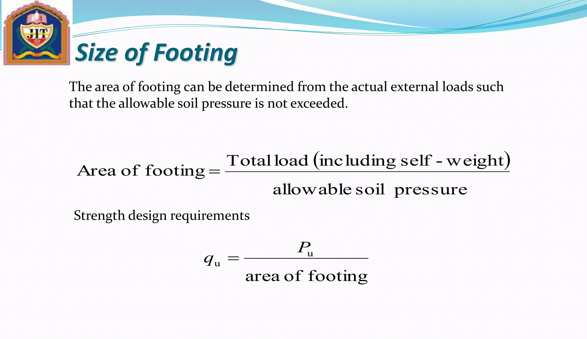 Size of Footing
The area of footing can be determined from the actual external loads such
that the allowable soil pressure is not exceeded.
 
pressuresoilallowable
weight-selfincludingloadTotal
footingofArea 
footingofarea
u
u
P
q 
Strength design requirements
 