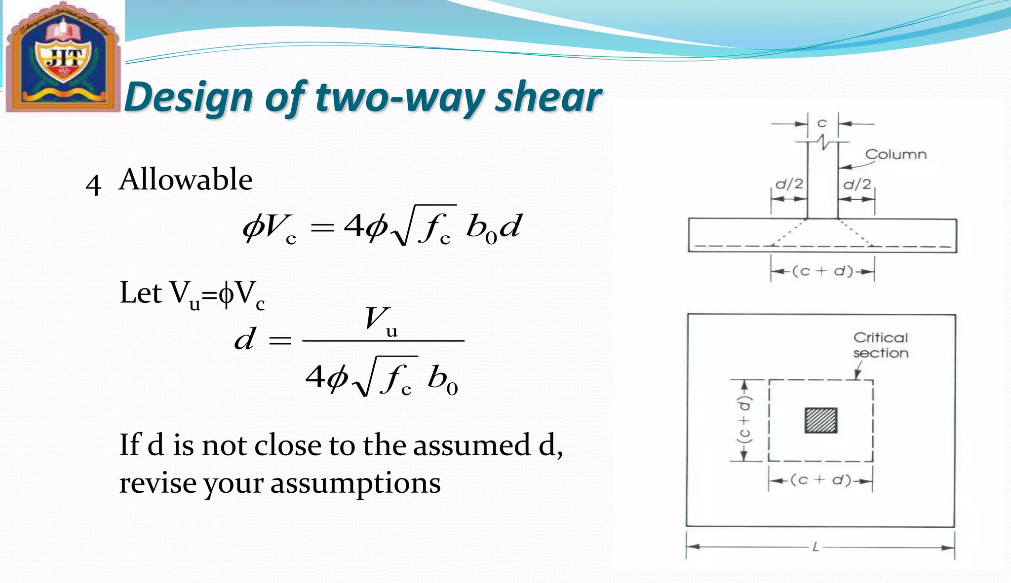 Design of two-way shear
Allowable
Let Vu=fVc
4
dbfV 0cc 4ff 
0c
u
4 bf
V
d
f

If d is not close to the assumed d,
revise your assumptions
 