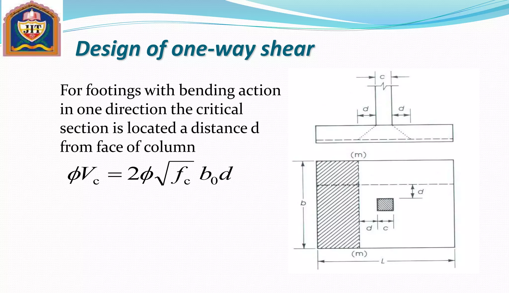 Design of one-way shear
For footings with bending action
in one direction the critical
section is located a distance d
from face of column
dbfV 0cc 2ff 
 