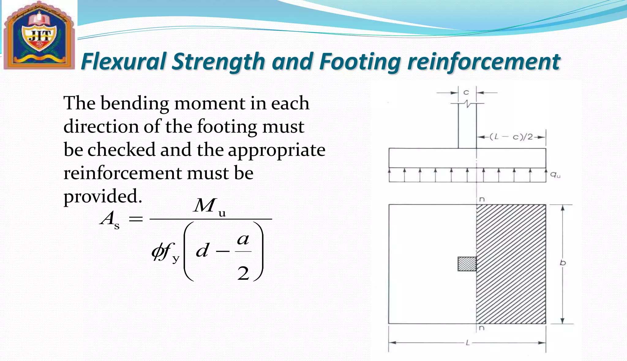 Flexural Strength and Footing reinforcement
2
y
u
s










a
df
M
A
f
The bending moment in each
direction of the footing must
be checked and the appropriate
reinforcement must be
provided.
 