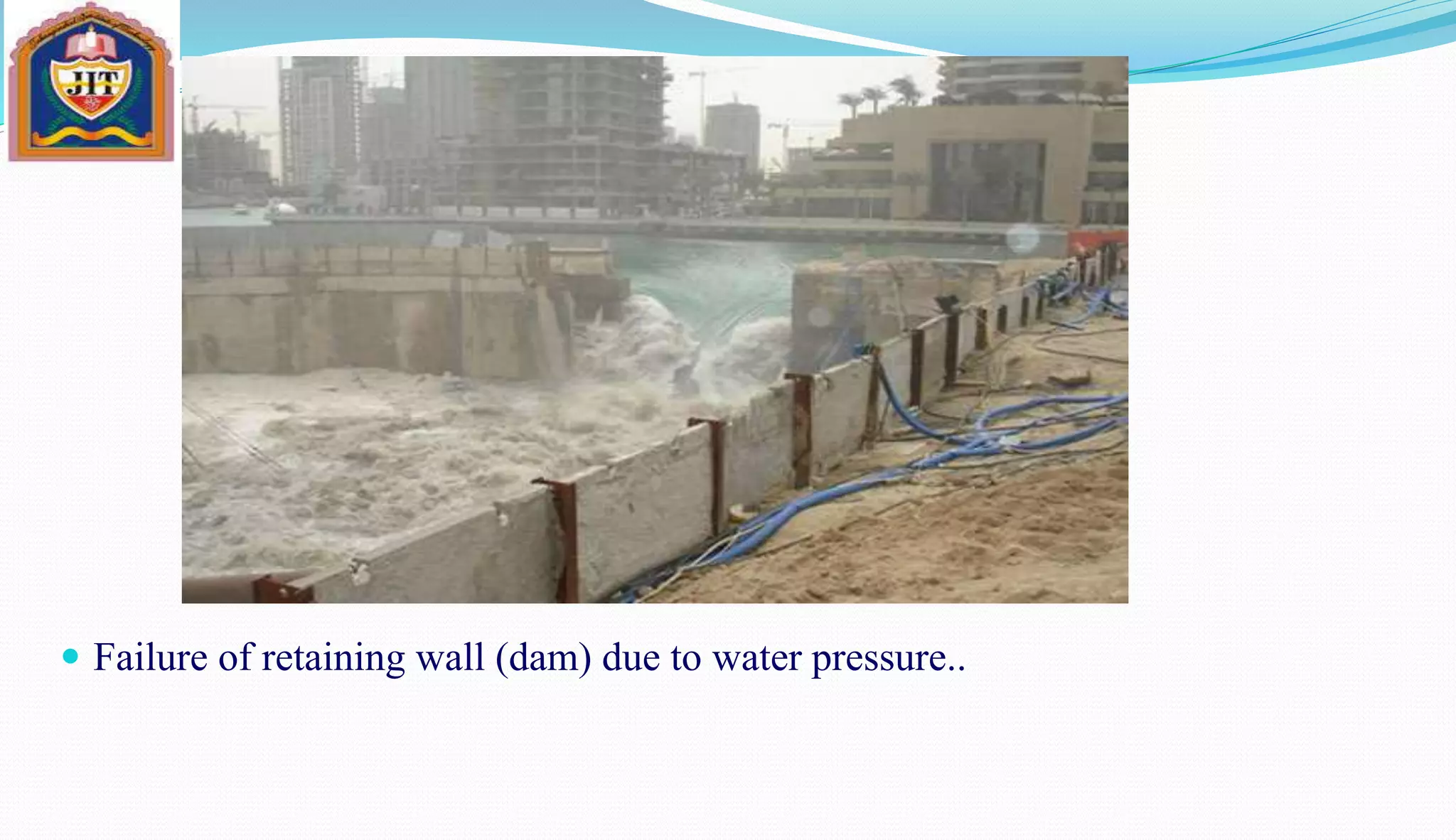  Failure of retaining wall (dam) due to water pressure..
 