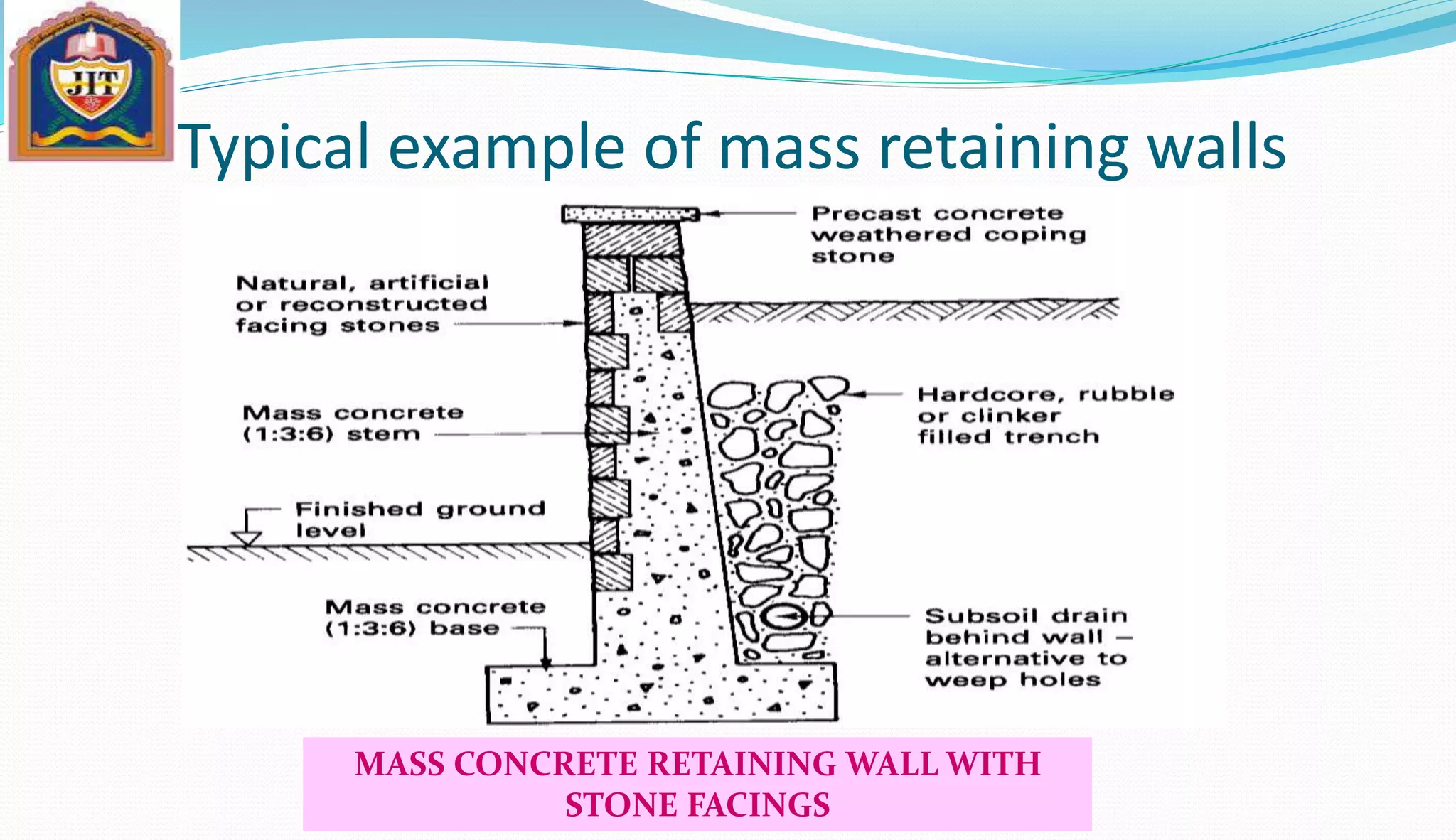 Typical example of mass retaining walls
MASS CONCRETE RETAINING WALL WITH
STONE FACINGS
 