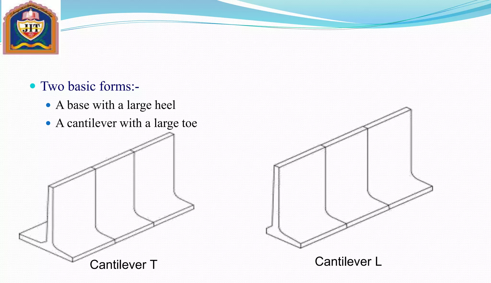  Two basic forms:-
 A base with a large heel
 A cantilever with a large toe
Cantilever LCantilever T
 