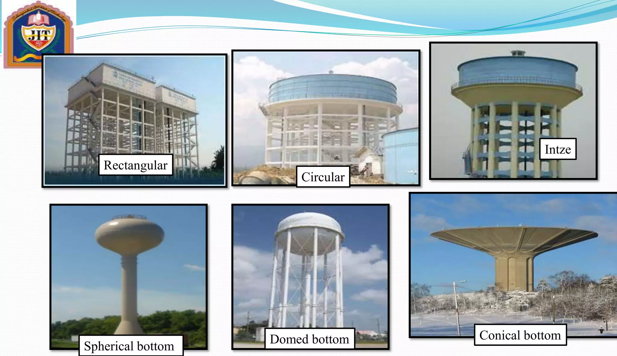 Intze
Circular
Spherical bottom
Domed bottom Conical bottom
Rectangular
 