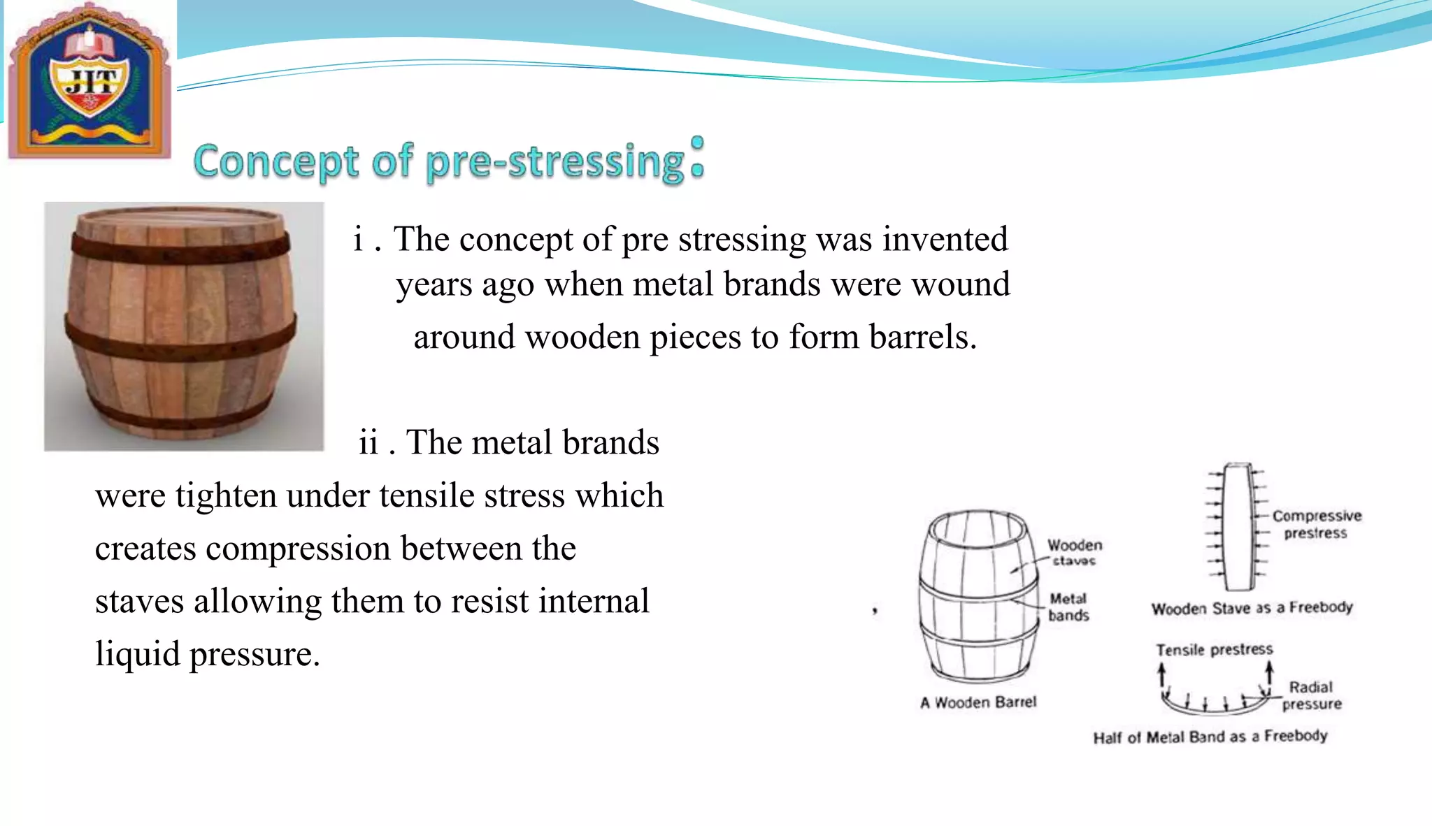  i . The concept of pre stressing was invented
invented years ago when metal brands were wound
 around wooden pieces to form barrels.

 ii . The metal brands
were tighten under tensile stress which
creates compression between the
staves allowing them to resist internal
liquid pressure.
 