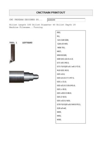 002;
N1;
G21 G40 G00;
G28 UO WO;
M06 T01;
M07;
M04 81500;
G00 G42 x32.0 z1.0;
G71 U0.5 R0.5;
G71 F10 Q20 u0.1 w0.1 F2.0;
N10 GO1 X0.0;
GO1 z0.0;
G03 x15.0 Z-7.5 R7.5;
GO1 z-15.0;
G02 x25.0 Z-20.0 R5.0;
GO1 z-30.0;
GO1 x30.0 Z-88.0;
GO1 Z-50.0;
GO1 x32.0; N20;
G70 F10 Q20 u0.0 W0.0 F0.5;
G28 u0 w0;
M09;
M05;
M30;