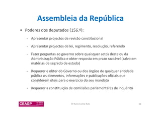 Assembleia da República 
• Poderes dos deputados (156.º): 
- Apresentar projectos de revisão constitucional 
- Apresentar projectos de lei, regimento, resolução, referendo 
- Fazer perguntas ao governo sobre quaisquer actos deste ou da 
Administração Pública e obter resposta em prazo razoável (salvo em 
matérias de segredo de estado) 
- Requerer e obter do Governo ou dos órgãos de qualquer entidade 
pública os elementos, informações e publicações oficiais que 
considerem úteis para o exercício do seu mandato 
- Requerer a constituição de comissões parlamentares de inquérito 
© Nuno Cunha Rolo 48 
 