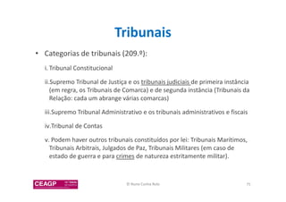 Tribunais 
• Categorias de tribunais (209.º): 
i. Tribunal Constitucional 
ii.Supremo Tribunal de Justiça e os tribunais judiciais de primeira instância 
(em regra, os Tribunais de Comarca) e de segunda instância (Tribunais da 
Relação: cada um abrange várias comarcas) 
iii.Supremo Tribunal Administrativo e os tribunais administrativos e fiscais 
iv.Tribunal de Contas 
v. Podem haver outros tribunais constituídos por lei: Tribunais Marítimos, 
Tribunais Arbitrais, Julgados de Paz, Tribunais Militares (em caso de 
estado de guerra e para crimes de natureza estritamente militar). 
© Nuno Cunha Rolo 75 
 