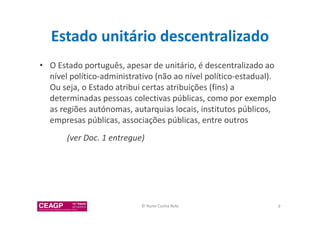 Estado unitário descentralizado 
• O Estado português, apesar de unitário, é descentralizado ao 
nível político-administrativo (não ao nível político-estadual). 
Ou seja, o Estado atribui certas atribuições (fins) a 
determinadas pessoas colectivas públicas, como por exemplo 
as regiões autónomas, autarquias locais, institutos públicos, 
empresas públicas, associações públicas, entre outros 
(ver Doc. 1 entregue) 
© Nuno Cunha Rolo 9 
 