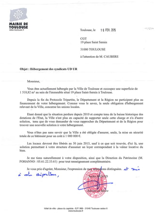 Lettre de la mairie de Toulouse à la CGT