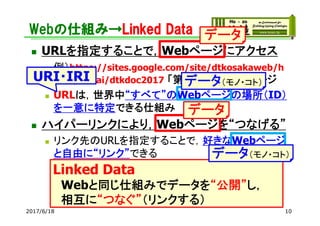 Webの仕組み→Linked Data
 URLを指定することで，Webページにアクセス
 例）https://sites.google.com/site/dtkosakaweb/h
ome/reikai/dtkdoc2017 「第25回DOC」のページ
 URLは，世界中“すべて”のWebページの場所（ID）
を一意に特定できる仕組み
 ハイパーリンクにより，Webページを“つなげる”
 リンク先のURLを指定することで，好きなWebページ
と自由に“リンク”できる
 リンクを辿って，様々な情報にたどり着ける
 リンクを解析による様々なビジネス
 例）Googleなどの検索エンジン
102017/6/18
データ
データ
Linked Data
Webと同じ仕組みでデータを“公開”し，
相互に“つなぐ”（リンクする）
URI・IRI データ（モノ・コト）
データ（モノ・コト）
 