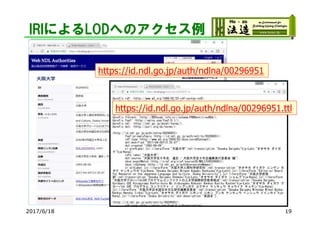 IRIによるLODへのアクセス例
2017/6/18 19
https://id.ndl.go.jp/auth/ndlna/00296951
https://id.ndl.go.jp/auth/ndlna/00296951.ttl
 