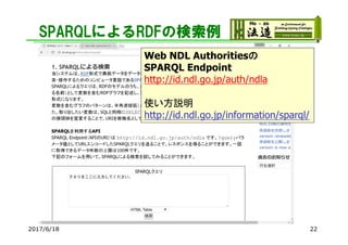 SPARQLによるRDFの検索例
2017/6/18 22
Web NDL Authoritiesの
SPARQL Endpoint
http://id.ndl.go.jp/auth/ndla
使い方説明
http://id.ndl.go.jp/information/sparql/
 