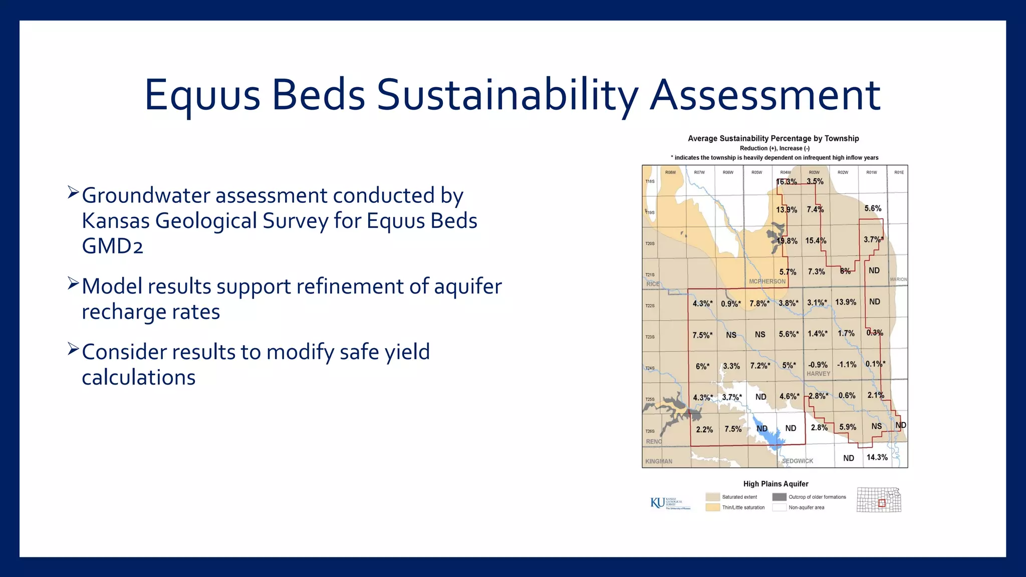 Equus Beds Sustainability Assessment
Groundwater assessment conducted by
Kansas Geological Survey for Equus Beds
GMD2
Model results support refinement of aquifer
recharge rates
Consider results to modify safe yield
calculations
 