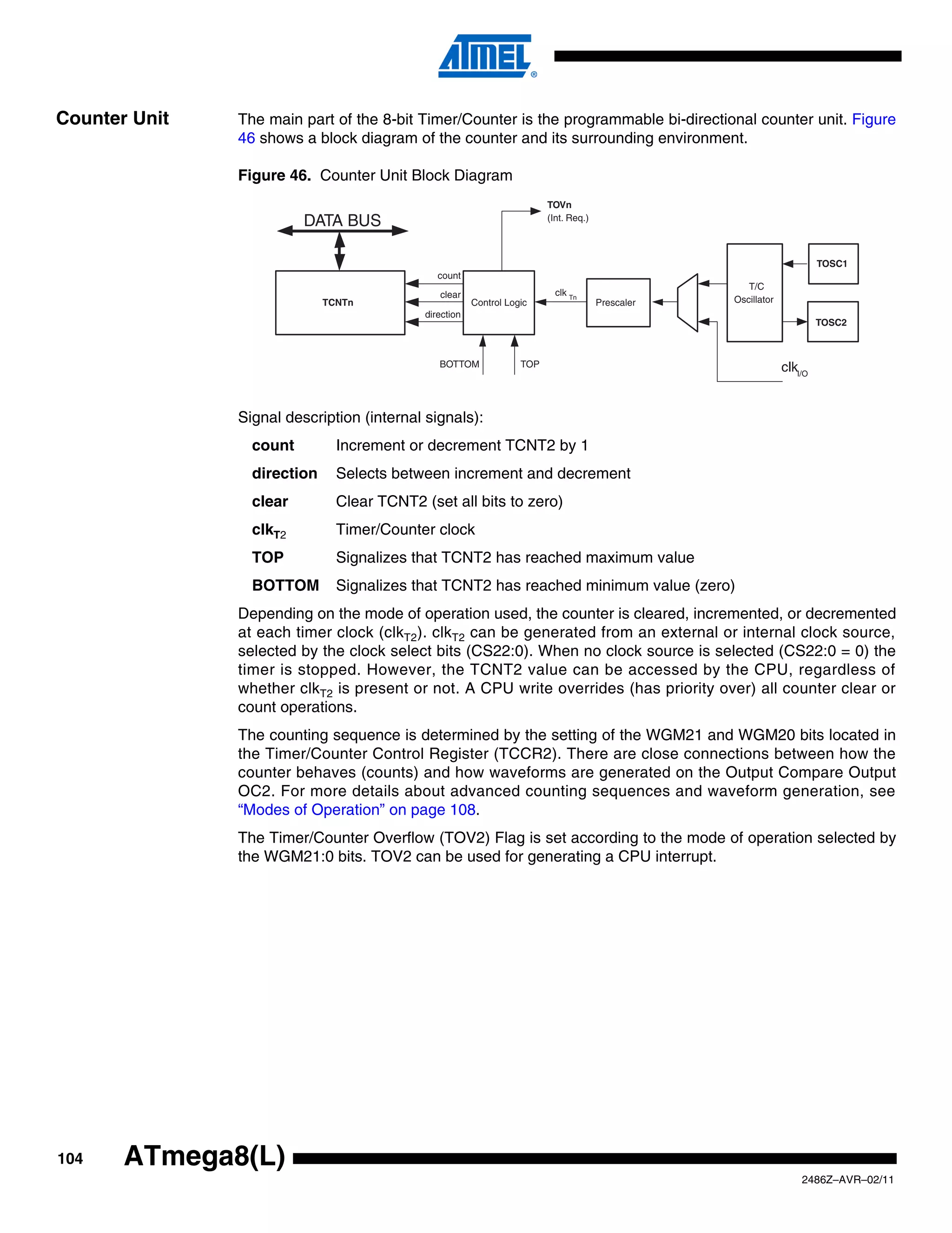 Counter Unit   The main part of the 8-bit Timer/Counter is the programmable bi-directional counter unit. Figure
               46 shows a block diagram of the counter and its surrounding environment.

               Figure 46. Counter Unit Block Diagram
                                                                         TOVn
                         DATA BUS                                        (Int. Req.)



                                                                                                                         TOSC1
                                               count
                                                                                                      T/C
                                               clear                       clk Tn
                             TCNTn                      Control Logic                  Prescaler   Oscillator
                                            direction
                                                                                                                         TOSC2



                                               BOTTOM              TOP                                          clkI/O


               Signal description (internal signals):
                 count         Increment or decrement TCNT2 by 1
                 direction     Selects between increment and decrement
                 clear         Clear TCNT2 (set all bits to zero)
                 clkT2         Timer/Counter clock
                 TOP           Signalizes that TCNT2 has reached maximum value
                 BOTTOM        Signalizes that TCNT2 has reached minimum value (zero)
               Depending on the mode of operation used, the counter is cleared, incremented, or decremented
               at each timer clock (clkT2). clkT2 can be generated from an external or internal clock source,
               selected by the clock select bits (CS22:0). When no clock source is selected (CS22:0 = 0) the
               timer is stopped. However, the TCNT2 value can be accessed by the CPU, regardless of
               whether clkT2 is present or not. A CPU write overrides (has priority over) all counter clear or
               count operations.
               The counting sequence is determined by the setting of the WGM21 and WGM20 bits located in
               the Timer/Counter Control Register (TCCR2). There are close connections between how the
               counter behaves (counts) and how waveforms are generated on the Output Compare Output
               OC2. For more details about advanced counting sequences and waveform generation, see
               “Modes of Operation” on page 108.
               The Timer/Counter Overflow (TOV2) Flag is set according to the mode of operation selected by
               the WGM21:0 bits. TOV2 can be used for generating a CPU interrupt.




104    ATmega8(L)
                                                                                                                    2486Z–AVR–02/11
 