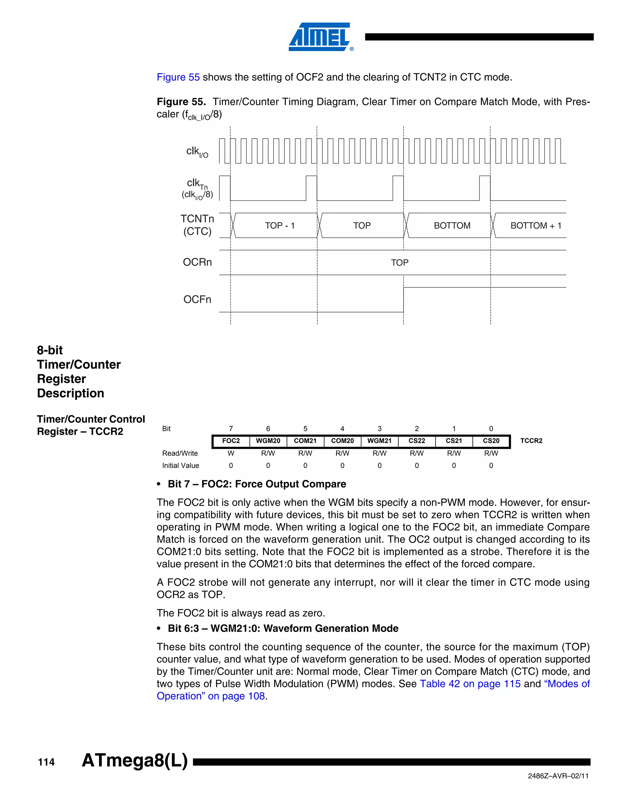 Figure 55 shows the setting of OCF2 and the clearing of TCNT2 in CTC mode.

                        Figure 55. Timer/Counter Timing Diagram, Clear Timer on Compare Match Mode, with Pres-
                        caler (fclk_I/O/8)


                                 clkI/O


                                 clkTn
                               (clkI/O /8)

                               TCNTn
                                                     TOP - 1               TOP                     BOTTOM          BOTTOM + 1
                               (CTC)

                                OCRn                                                   TOP



                                OCFn



8-bit
Timer/Counter
Register
Description

Timer/Counter Control
                         Bit                  7       6         5      4          3           2       1      0
Register – TCCR2
                                             FOC2   WGM20   COM21    COM20   WGM21       CS22       CS21    CS20    TCCR2
                         Read/Write           W      R/W       R/W   R/W         R/W         R/W     R/W    R/W
                         Initial Value        0       0         0      0          0           0       0      0

                        • Bit 7 – FOC2: Force Output Compare
                        The FOC2 bit is only active when the WGM bits specify a non-PWM mode. However, for ensur-
                        ing compatibility with future devices, this bit must be set to zero when TCCR2 is written when
                        operating in PWM mode. When writing a logical one to the FOC2 bit, an immediate Compare
                        Match is forced on the waveform generation unit. The OC2 output is changed according to its
                        COM21:0 bits setting. Note that the FOC2 bit is implemented as a strobe. Therefore it is the
                        value present in the COM21:0 bits that determines the effect of the forced compare.
                        A FOC2 strobe will not generate any interrupt, nor will it clear the timer in CTC mode using
                        OCR2 as TOP.
                        The FOC2 bit is always read as zero.
                        • Bit 6:3 – WGM21:0: Waveform Generation Mode
                        These bits control the counting sequence of the counter, the source for the maximum (TOP)
                        counter value, and what type of waveform generation to be used. Modes of operation supported
                        by the Timer/Counter unit are: Normal mode, Clear Timer on Compare Match (CTC) mode, and
                        two types of Pulse Width Modulation (PWM) modes. See Table 42 on page 115 and “Modes of
                        Operation” on page 108.




114     ATmega8(L)
                                                                                                                      2486Z–AVR–02/11
 