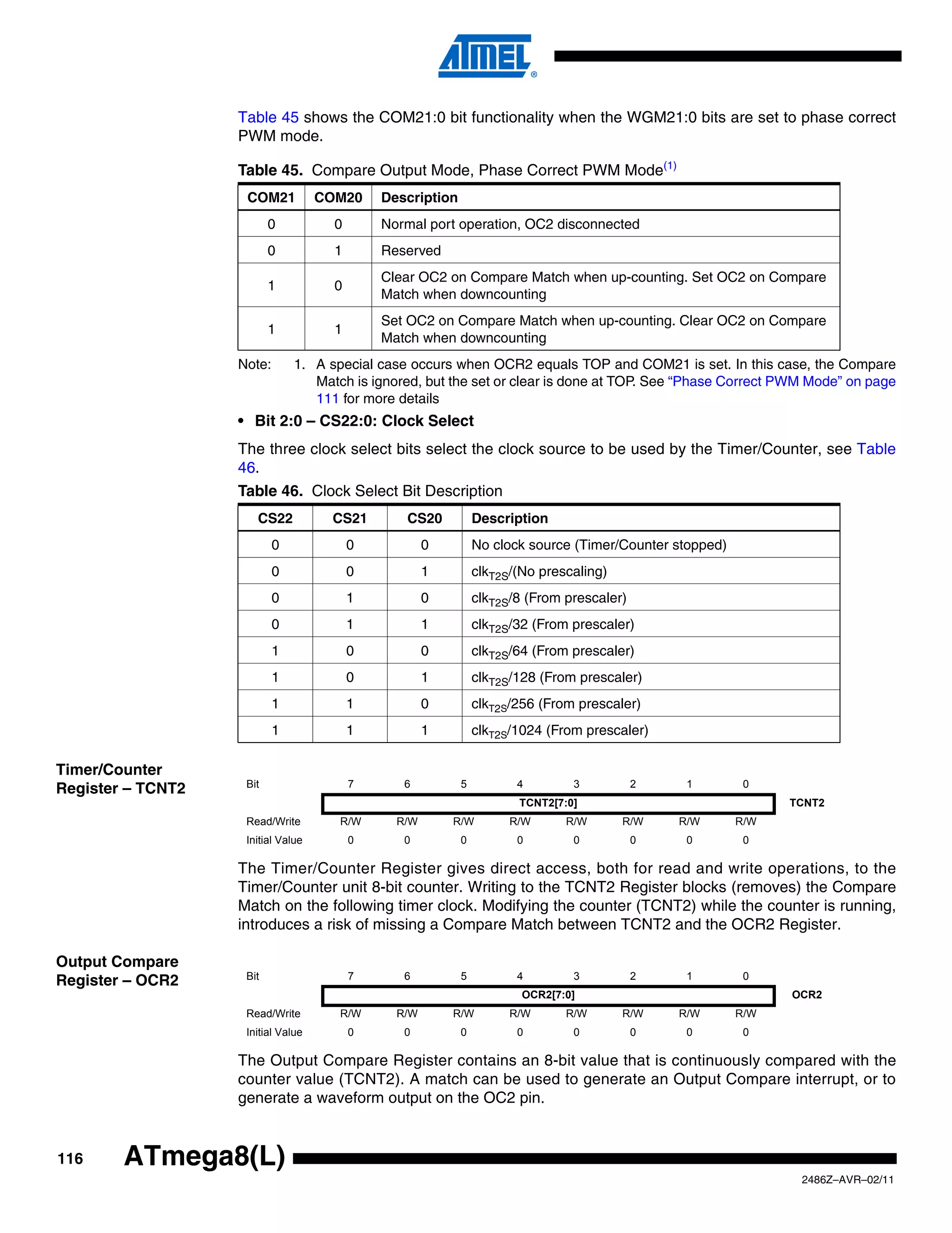 Table 45 shows the COM21:0 bit functionality when the WGM21:0 bits are set to phase correct
                   PWM mode.

                   Table 45. Compare Output Mode, Phase Correct PWM Mode(1)
                    COM21           COM20     Description
                          0           0       Normal port operation, OC2 disconnected
                          0           1       Reserved
                                              Clear OC2 on Compare Match when up-counting. Set OC2 on Compare
                          1           0
                                              Match when downcounting
                                              Set OC2 on Compare Match when up-counting. Clear OC2 on Compare
                          1           1
                                              Match when downcounting
                   Note:       1. A special case occurs when OCR2 equals TOP and COM21 is set. In this case, the Compare
                                  Match is ignored, but the set or clear is done at TOP. See “Phase Correct PWM Mode” on page
                                  111 for more details
                   • Bit 2:0 – CS22:0: Clock Select
                   The three clock select bits select the clock source to be used by the Timer/Counter, see Table
                   46.
                   Table 46. Clock Select Bit Description
                      CS22           CS21        CS20           Description
                           0              0           0         No clock source (Timer/Counter stopped)
                           0              0           1         clkT2S/(No prescaling)
                           0              1           0         clkT2S/8 (From prescaler)
                           0              1           1         clkT2S/32 (From prescaler)
                           1              0           0         clkT2S/64 (From prescaler)
                           1              0           1         clkT2S/128 (From prescaler)
                           1              1           0         clkT2S/256 (From prescaler)
                           1              1           1         clkT2S/1024 (From prescaler)

Timer/Counter
                    Bit                   7      6          5          4        3           2    1         0
Register – TCNT2
                                                                       TCNT2[7:0]                               TCNT2
                    Read/Write        R/W       R/W       R/W         R/W      R/W       R/W    R/W       R/W
                    Initial Value         0      0          0          0        0           0    0         0

                   The Timer/Counter Register gives direct access, both for read and write operations, to the
                   Timer/Counter unit 8-bit counter. Writing to the TCNT2 Register blocks (removes) the Compare
                   Match on the following timer clock. Modifying the counter (TCNT2) while the counter is running,
                   introduces a risk of missing a Compare Match between TCNT2 and the OCR2 Register.

Output Compare
                    Bit                   7      6          5          4        3           2    1         0
Register – OCR2
                                                                        OCR2[7:0]                               OCR2
                    Read/Write        R/W       R/W       R/W         R/W      R/W       R/W    R/W       R/W
                    Initial Value         0      0          0          0        0           0    0         0

                   The Output Compare Register contains an 8-bit value that is continuously compared with the
                   counter value (TCNT2). A match can be used to generate an Output Compare interrupt, or to
                   generate a waveform output on the OC2 pin.


116     ATmega8(L)
                                                                                                                 2486Z–AVR–02/11
 