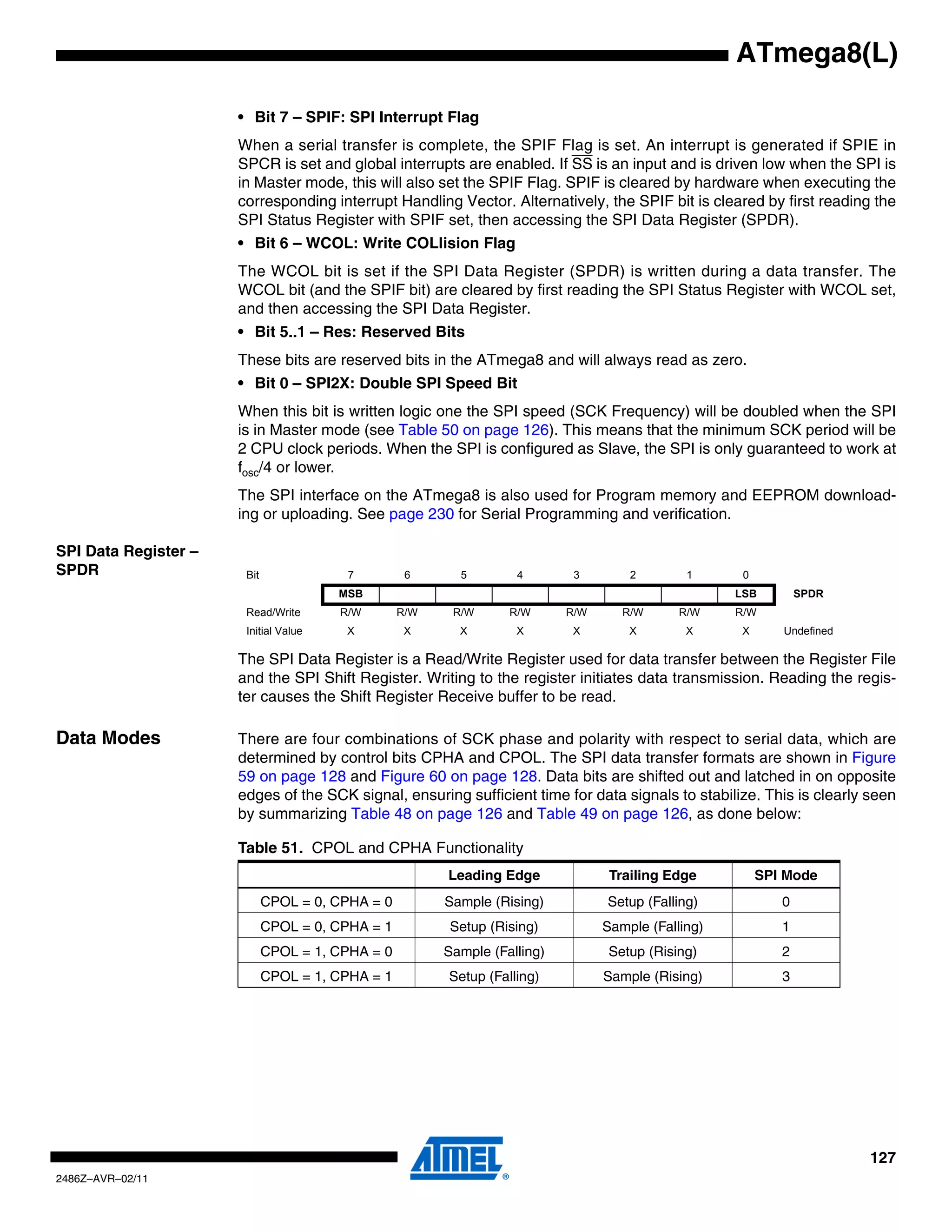 ATmega8(L)

                      • Bit 7 – SPIF: SPI Interrupt Flag
                      When a serial transfer is complete, the SPIF Flag is set. An interrupt is generated if SPIE in
                      SPCR is set and global interrupts are enabled. If SS is an input and is driven low when the SPI is
                      in Master mode, this will also set the SPIF Flag. SPIF is cleared by hardware when executing the
                      corresponding interrupt Handling Vector. Alternatively, the SPIF bit is cleared by first reading the
                      SPI Status Register with SPIF set, then accessing the SPI Data Register (SPDR).
                      • Bit 6 – WCOL: Write COLlision Flag
                      The WCOL bit is set if the SPI Data Register (SPDR) is written during a data transfer. The
                      WCOL bit (and the SPIF bit) are cleared by first reading the SPI Status Register with WCOL set,
                      and then accessing the SPI Data Register.
                      • Bit 5..1 – Res: Reserved Bits
                      These bits are reserved bits in the ATmega8 and will always read as zero.
                      • Bit 0 – SPI2X: Double SPI Speed Bit
                      When this bit is written logic one the SPI speed (SCK Frequency) will be doubled when the SPI
                      is in Master mode (see Table 50 on page 126). This means that the minimum SCK period will be
                      2 CPU clock periods. When the SPI is configured as Slave, the SPI is only guaranteed to work at
                      fosc/4 or lower.
                      The SPI interface on the ATmega8 is also used for Program memory and EEPROM download-
                      ing or uploading. See page 230 for Serial Programming and verification.

SPI Data Register –
SPDR                   Bit              7          6      5        4        3        2        1      0
                                       MSB                                                          LSB         SPDR
                       Read/Write      R/W        R/W    R/W      R/W      R/W      R/W      R/W    R/W
                       Initial Value    X          X      X        X        X        X        X      X      Undefined

                      The SPI Data Register is a Read/Write Register used for data transfer between the Register File
                      and the SPI Shift Register. Writing to the register initiates data transmission. Reading the regis-
                      ter causes the Shift Register Receive buffer to be read.

Data Modes            There are four combinations of SCK phase and polarity with respect to serial data, which are
                      determined by control bits CPHA and CPOL. The SPI data transfer formats are shown in Figure
                      59 on page 128 and Figure 60 on page 128. Data bits are shifted out and latched in on opposite
                      edges of the SCK signal, ensuring sufficient time for data signals to stabilize. This is clearly seen
                      by summarizing Table 48 on page 126 and Table 49 on page 126, as done below:

                      Table 51. CPOL and CPHA Functionality
                                                        Leading Edge              Trailing Edge          SPI Mode
                             CPOL = 0, CPHA = 0         Sample (Rising)          Setup (Falling)            0
                             CPOL = 0, CPHA = 1         Setup (Rising)           Sample (Falling)           1
                             CPOL = 1, CPHA = 0         Sample (Falling)          Setup (Rising)            2
                             CPOL = 1, CPHA = 1         Setup (Falling)          Sample (Rising)            3




                                                                                                                        127
2486Z–AVR–02/11
 