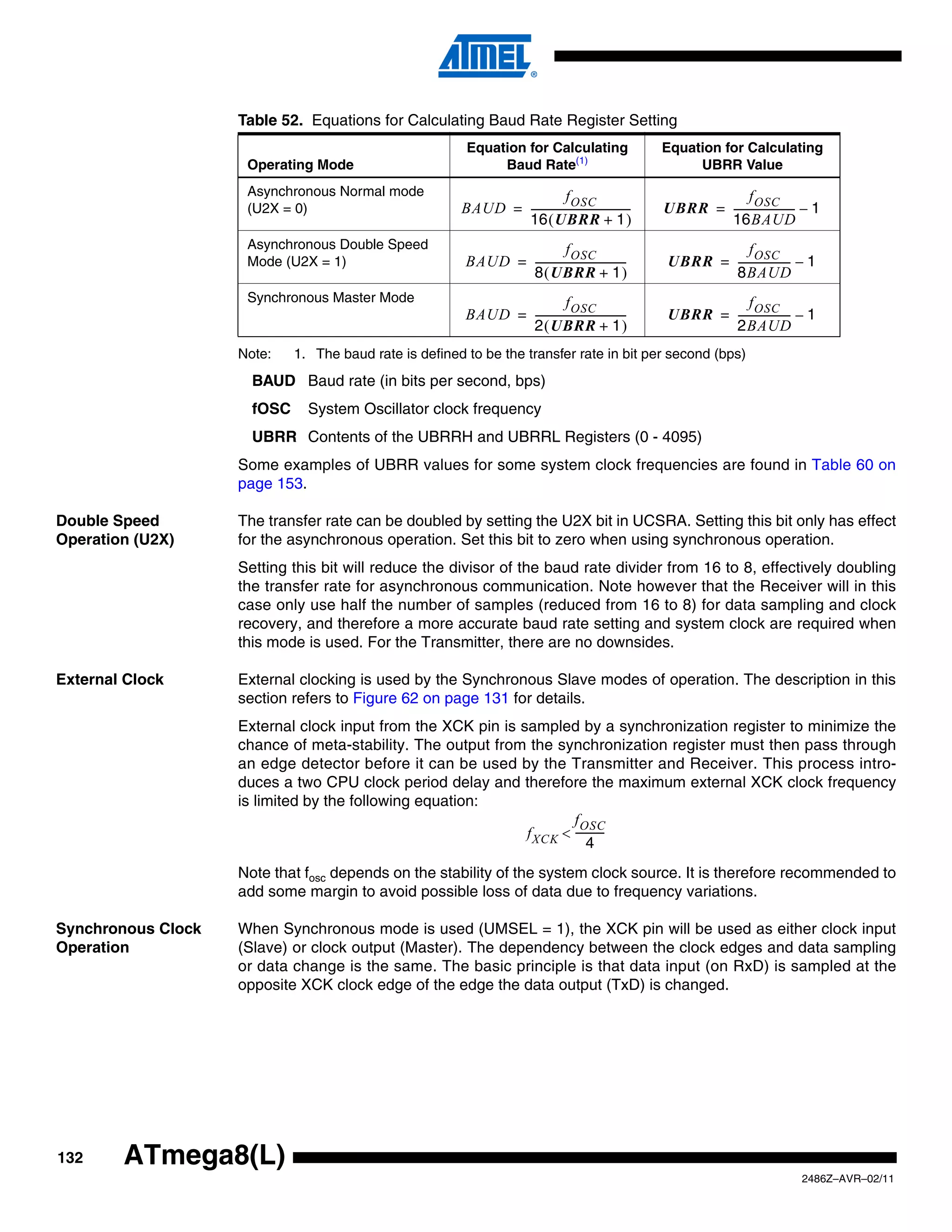 Table 52. Equations for Calculating Baud Rate Register Setting
                                                         Equation for Calculating                       Equation for Calculating
                     Operating Mode                           Baud Rate(1)                                   UBRR Value
                     Asynchronous Normal mode                                f OSC                                   f OSC
                     (U2X = 0)                          BAUD = --------------------------------------
                                                                                                    -   UBRR = ----------------------- – 1
                                                                                                                                     -
                                                               16 ( UBRR + 1 )                                 16BAUD
                     Asynchronous Double Speed                              f OSC                                  f OSC
                     Mode (U2X = 1)                      BAUD = ----------------------------------
                                                                                                 -      UBRR = ------------------- – 1
                                                                                                                                 -
                                                                8 ( UBRR + 1 )                                 8BAUD
                     Synchronous Master Mode                                f OSC                                  f OSC
                                                         BAUD = ----------------------------------
                                                                                                 -      UBRR = ------------------- – 1
                                                                                                                                 -
                                                                2 ( UBRR + 1 )                                 2BAUD
                    Note:    1. The baud rate is defined to be the transfer rate in bit per second (bps)
                      BAUD Baud rate (in bits per second, bps)
                      fOSC     System Oscillator clock frequency
                      UBRR Contents of the UBRRH and UBRRL Registers (0 - 4095)
                    Some examples of UBRR values for some system clock frequencies are found in Table 60 on
                    page 153.

Double Speed        The transfer rate can be doubled by setting the U2X bit in UCSRA. Setting this bit only has effect
Operation (U2X)     for the asynchronous operation. Set this bit to zero when using synchronous operation.
                    Setting this bit will reduce the divisor of the baud rate divider from 16 to 8, effectively doubling
                    the transfer rate for asynchronous communication. Note however that the Receiver will in this
                    case only use half the number of samples (reduced from 16 to 8) for data sampling and clock
                    recovery, and therefore a more accurate baud rate setting and system clock are required when
                    this mode is used. For the Transmitter, there are no downsides.

External Clock      External clocking is used by the Synchronous Slave modes of operation. The description in this
                    section refers to Figure 62 on page 131 for details.
                    External clock input from the XCK pin is sampled by a synchronization register to minimize the
                    chance of meta-stability. The output from the synchronization register must then pass through
                    an edge detector before it can be used by the Transmitter and Receiver. This process intro-
                    duces a two CPU clock period delay and therefore the maximum external XCK clock frequency
                    is limited by the following equation:
                                                                      f OSC
                                                              f XCK < ----------
                                                                               -
                                                                          4
                    Note that fosc depends on the stability of the system clock source. It is therefore recommended to
                    add some margin to avoid possible loss of data due to frequency variations.

Synchronous Clock   When Synchronous mode is used (UMSEL = 1), the XCK pin will be used as either clock input
Operation           (Slave) or clock output (Master). The dependency between the clock edges and data sampling
                    or data change is the same. The basic principle is that data input (on RxD) is sampled at the
                    opposite XCK clock edge of the edge the data output (TxD) is changed.




132     ATmega8(L)
                                                                                                                                      2486Z–AVR–02/11
 