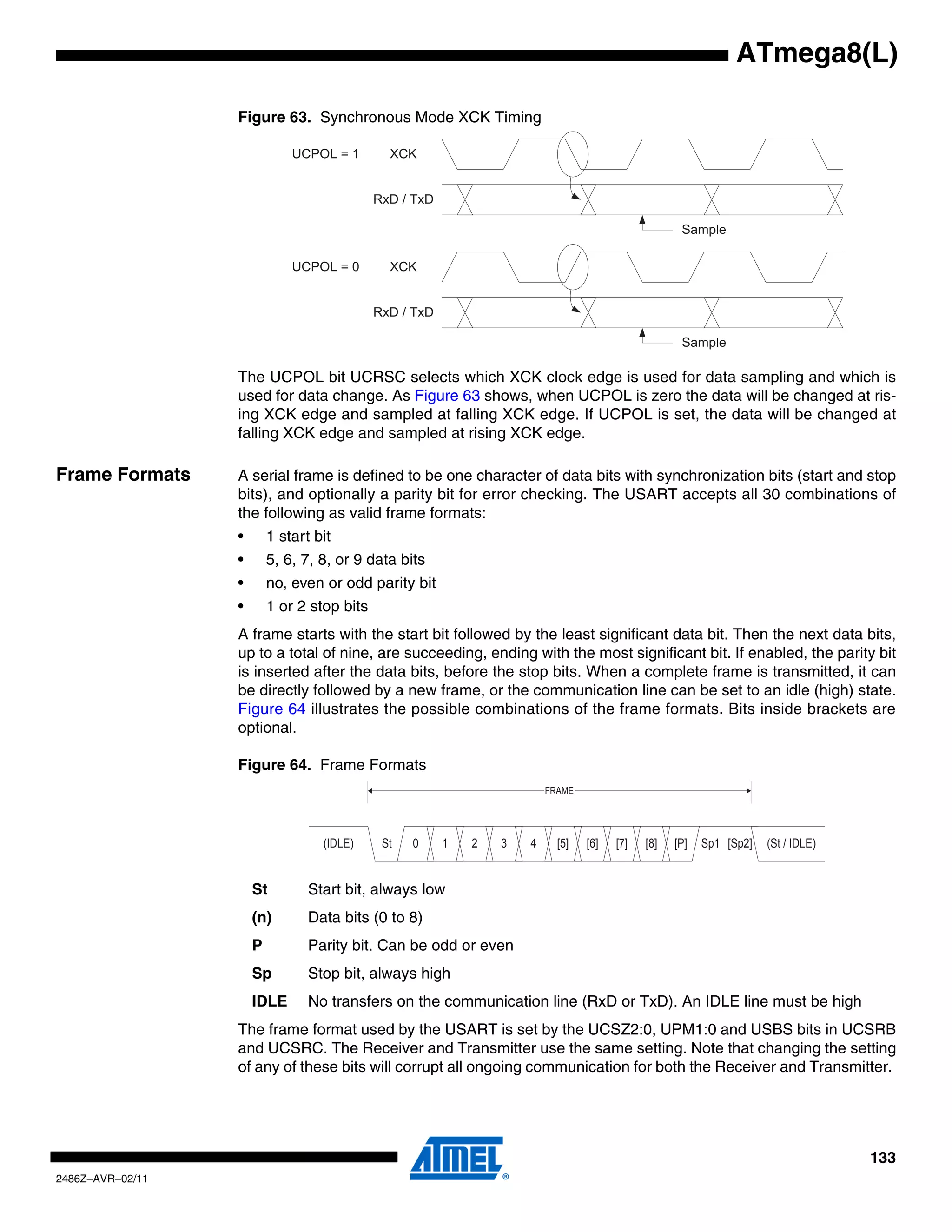 ATmega8(L)

                  Figure 63. Synchronous Mode XCK Timing

                              UCPOL = 1        XCK


                                             RxD / TxD

                                                                                                    Sample

                              UCPOL = 0        XCK


                                             RxD / TxD

                                                                                                    Sample

                  The UCPOL bit UCRSC selects which XCK clock edge is used for data sampling and which is
                  used for data change. As Figure 63 shows, when UCPOL is zero the data will be changed at ris-
                  ing XCK edge and sampled at falling XCK edge. If UCPOL is set, the data will be changed at
                  falling XCK edge and sampled at rising XCK edge.

Frame Formats     A serial frame is defined to be one character of data bits with synchronization bits (start and stop
                  bits), and optionally a parity bit for error checking. The USART accepts all 30 combinations of
                  the following as valid frame formats:
                  •       1 start bit
                  •       5, 6, 7, 8, or 9 data bits
                  •       no, even or odd parity bit
                  •       1 or 2 stop bits
                  A frame starts with the start bit followed by the least significant data bit. Then the next data bits,
                  up to a total of nine, are succeeding, ending with the most significant bit. If enabled, the parity bit
                  is inserted after the data bits, before the stop bits. When a complete frame is transmitted, it can
                  be directly followed by a new frame, or the communication line can be set to an idle (high) state.
                  Figure 64 illustrates the possible combinations of the frame formats. Bits inside brackets are
                  optional.

                  Figure 64. Frame Formats
                                                                         FRAME




                                   (IDLE)     St   0     1   2   3   4     [5]   [6]   [7]   [8]   [P]   Sp1 [Sp2]   (St / IDLE)


                      St         Start bit, always low
                      (n)        Data bits (0 to 8)
                      P          Parity bit. Can be odd or even
                      Sp         Stop bit, always high
                      IDLE       No transfers on the communication line (RxD or TxD). An IDLE line must be high
                  The frame format used by the USART is set by the UCSZ2:0, UPM1:0 and USBS bits in UCSRB
                  and UCSRC. The Receiver and Transmitter use the same setting. Note that changing the setting
                  of any of these bits will corrupt all ongoing communication for both the Receiver and Transmitter.




                                                                                                                                   133
2486Z–AVR–02/11
 
