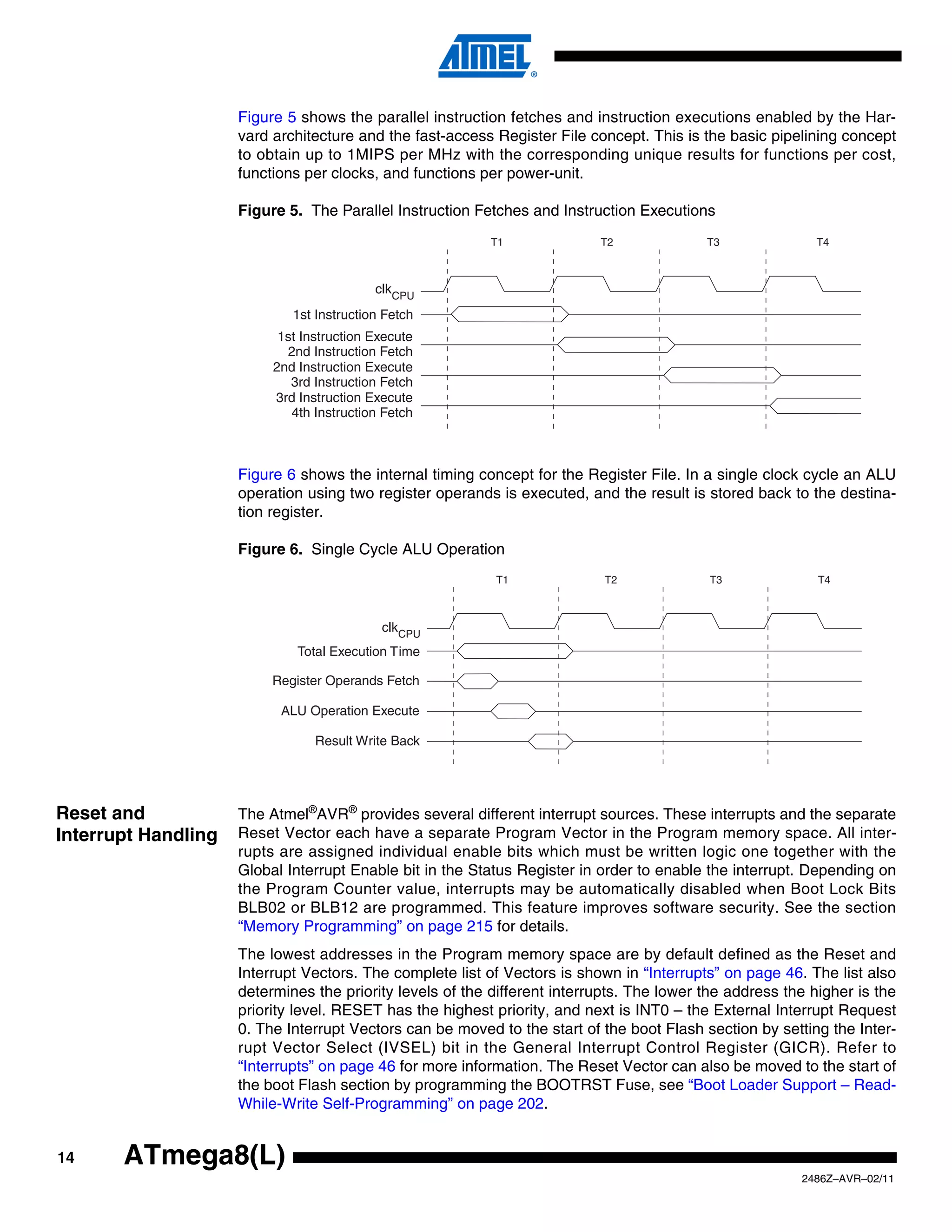 Figure 5 shows the parallel instruction fetches and instruction executions enabled by the Har-
                     vard architecture and the fast-access Register File concept. This is the basic pipelining concept
                     to obtain up to 1MIPS per MHz with the corresponding unique results for functions per cost,
                     functions per clocks, and functions per power-unit.

                     Figure 5. The Parallel Instruction Fetches and Instruction Executions
                                                           T1              T2              T3               T4



                                           clkCPU
                             1st Instruction Fetch
                           1st Instruction Execute
                            2nd Instruction Fetch
                          2nd Instruction Execute
                             3rd Instruction Fetch
                          3rd Instruction Execute
                             4th Instruction Fetch



                     Figure 6 shows the internal timing concept for the Register File. In a single clock cycle an ALU
                     operation using two register operands is executed, and the result is stored back to the destina-
                     tion register.

                     Figure 6. Single Cycle ALU Operation
                                                           T1               T2             T3               T4



                                            clkCPU
                              Total Execution Time

                          Register Operands Fetch

                           ALU Operation Execute

                                 Result Write Back




Reset and            The Atmel®AVR® provides several different interrupt sources. These interrupts and the separate
Interrupt Handling   Reset Vector each have a separate Program Vector in the Program memory space. All inter-
                     rupts are assigned individual enable bits which must be written logic one together with the
                     Global Interrupt Enable bit in the Status Register in order to enable the interrupt. Depending on
                     the Program Counter value, interrupts may be automatically disabled when Boot Lock Bits
                     BLB02 or BLB12 are programmed. This feature improves software security. See the section
                     “Memory Programming” on page 215 for details.
                     The lowest addresses in the Program memory space are by default defined as the Reset and
                     Interrupt Vectors. The complete list of Vectors is shown in “Interrupts” on page 46. The list also
                     determines the priority levels of the different interrupts. The lower the address the higher is the
                     priority level. RESET has the highest priority, and next is INT0 – the External Interrupt Request
                     0. The Interrupt Vectors can be moved to the start of the boot Flash section by setting the Inter-
                     rupt Vector Select (IVSEL) bit in the General Interrupt Control Register (GICR). Refer to
                     “Interrupts” on page 46 for more information. The Reset Vector can also be moved to the start of
                     the boot Flash section by programming the BOOTRST Fuse, see “Boot Loader Support – Read-
                     While-Write Self-Programming” on page 202.


14     ATmega8(L)
                                                                                                         2486Z–AVR–02/11
 