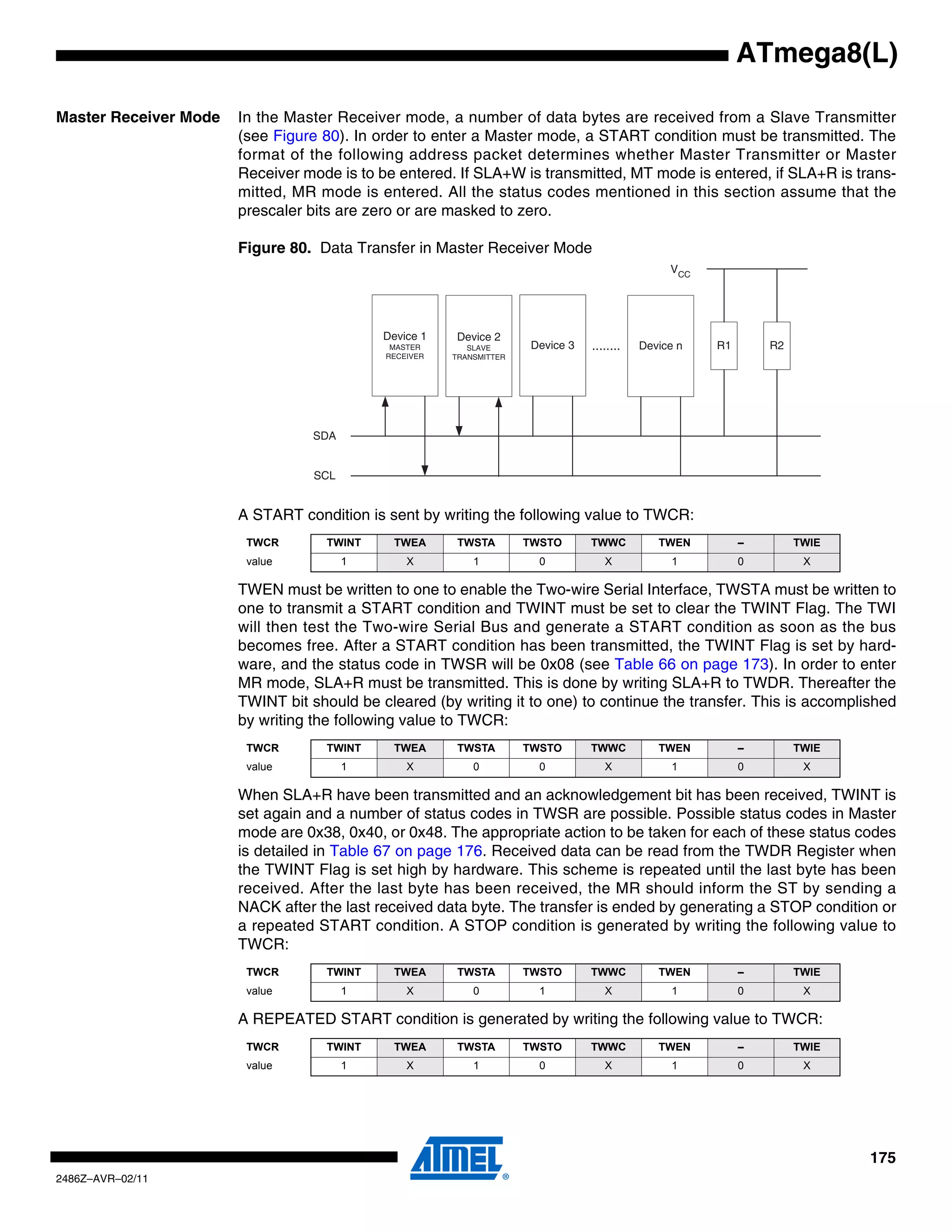 ATmega8(L)

Master Receiver Mode   In the Master Receiver mode, a number of data bytes are received from a Slave Transmitter
                       (see Figure 80). In order to enter a Master mode, a START condition must be transmitted. The
                       format of the following address packet determines whether Master Transmitter or Master
                       Receiver mode is to be entered. If SLA+W is transmitted, MT mode is entered, if SLA+R is trans-
                       mitted, MR mode is entered. All the status codes mentioned in this section assume that the
                       prescaler bits are zero or are masked to zero.

                       Figure 80. Data Transfer in Master Receiver Mode
                                                                                                 VCC




                                            Device 1   Device 2
                                             MASTER       SLAVE       Device 3   ........   Device n   R1       R2
                                            RECEIVER   TRANSMITTER




                                  SDA


                                  SCL


                       A START condition is sent by writing the following value to TWCR:
                        TWCR        TWINT     TWEA      TWSTA        TWSTO       TWWC          TWEN         –        TWIE
                        value           1       X          1           0            X            1          0         X

                       TWEN must be written to one to enable the Two-wire Serial Interface, TWSTA must be written to
                       one to transmit a START condition and TWINT must be set to clear the TWINT Flag. The TWI
                       will then test the Two-wire Serial Bus and generate a START condition as soon as the bus
                       becomes free. After a START condition has been transmitted, the TWINT Flag is set by hard-
                       ware, and the status code in TWSR will be 0x08 (see Table 66 on page 173). In order to enter
                       MR mode, SLA+R must be transmitted. This is done by writing SLA+R to TWDR. Thereafter the
                       TWINT bit should be cleared (by writing it to one) to continue the transfer. This is accomplished
                       by writing the following value to TWCR:
                        TWCR        TWINT     TWEA      TWSTA        TWSTO       TWWC          TWEN         –        TWIE
                        value           1       X          0           0            X            1          0         X

                       When SLA+R have been transmitted and an acknowledgement bit has been received, TWINT is
                       set again and a number of status codes in TWSR are possible. Possible status codes in Master
                       mode are 0x38, 0x40, or 0x48. The appropriate action to be taken for each of these status codes
                       is detailed in Table 67 on page 176. Received data can be read from the TWDR Register when
                       the TWINT Flag is set high by hardware. This scheme is repeated until the last byte has been
                       received. After the last byte has been received, the MR should inform the ST by sending a
                       NACK after the last received data byte. The transfer is ended by generating a STOP condition or
                       a repeated START condition. A STOP condition is generated by writing the following value to
                       TWCR:
                        TWCR        TWINT     TWEA      TWSTA        TWSTO       TWWC          TWEN         –        TWIE
                        value           1       X          0           1            X            1          0         X

                       A REPEATED START condition is generated by writing the following value to TWCR:
                        TWCR        TWINT     TWEA      TWSTA        TWSTO       TWWC          TWEN         –        TWIE
                        value           1       X          1           0            X            1          0         X




                                                                                                                            175
2486Z–AVR–02/11
 