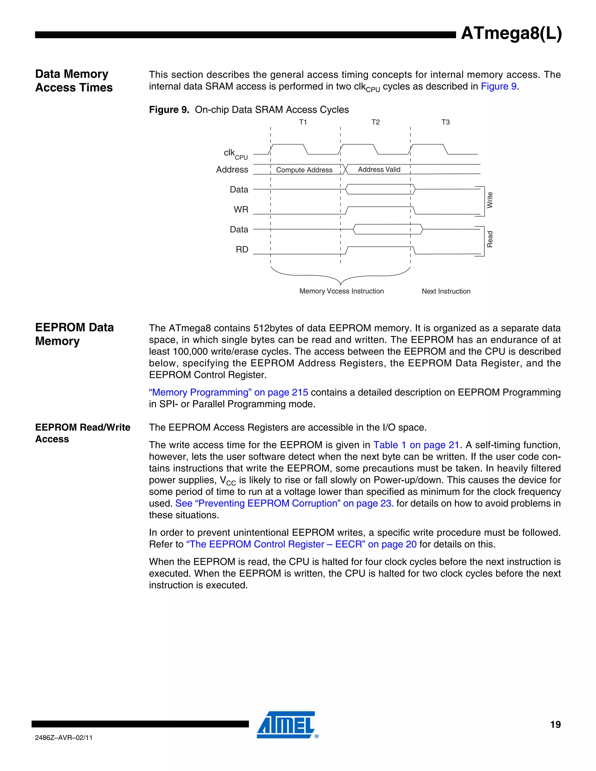 ATmega8(L)

Data Memory         This section describes the general access timing concepts for internal memory access. The
Access Times        internal data SRAM access is performed in two clkCPU cycles as described in Figure 9.

                    Figure 9. On-chip Data SRAM Access Cycles
                                                       T1                   T2                T3



                                     clkCPU
                                   Address       Compute Address        Address Valid

                                       Data




                                                                                                           Write
                                       WR

                                       Data




                                                                                                           Read
                                        RD



                                                       Memory Vccess Instruction        Next Instruction




EEPROM Data         The ATmega8 contains 512bytes of data EEPROM memory. It is organized as a separate data
Memory              space, in which single bytes can be read and written. The EEPROM has an endurance of at
                    least 100,000 write/erase cycles. The access between the EEPROM and the CPU is described
                    below, specifying the EEPROM Address Registers, the EEPROM Data Register, and the
                    EEPROM Control Register.
                    “Memory Programming” on page 215 contains a detailed description on EEPROM Programming
                    in SPI- or Parallel Programming mode.

EEPROM Read/Write   The EEPROM Access Registers are accessible in the I/O space.
Access
                    The write access time for the EEPROM is given in Table 1 on page 21. A self-timing function,
                    however, lets the user software detect when the next byte can be written. If the user code con-
                    tains instructions that write the EEPROM, some precautions must be taken. In heavily filtered
                    power supplies, VCC is likely to rise or fall slowly on Power-up/down. This causes the device for
                    some period of time to run at a voltage lower than specified as minimum for the clock frequency
                    used. See “Preventing EEPROM Corruption” on page 23. for details on how to avoid problems in
                    these situations.
                    In order to prevent unintentional EEPROM writes, a specific write procedure must be followed.
                    Refer to “The EEPROM Control Register – EECR” on page 20 for details on this.
                    When the EEPROM is read, the CPU is halted for four clock cycles before the next instruction is
                    executed. When the EEPROM is written, the CPU is halted for two clock cycles before the next
                    instruction is executed.




                                                                                                                   19
2486Z–AVR–02/11
 