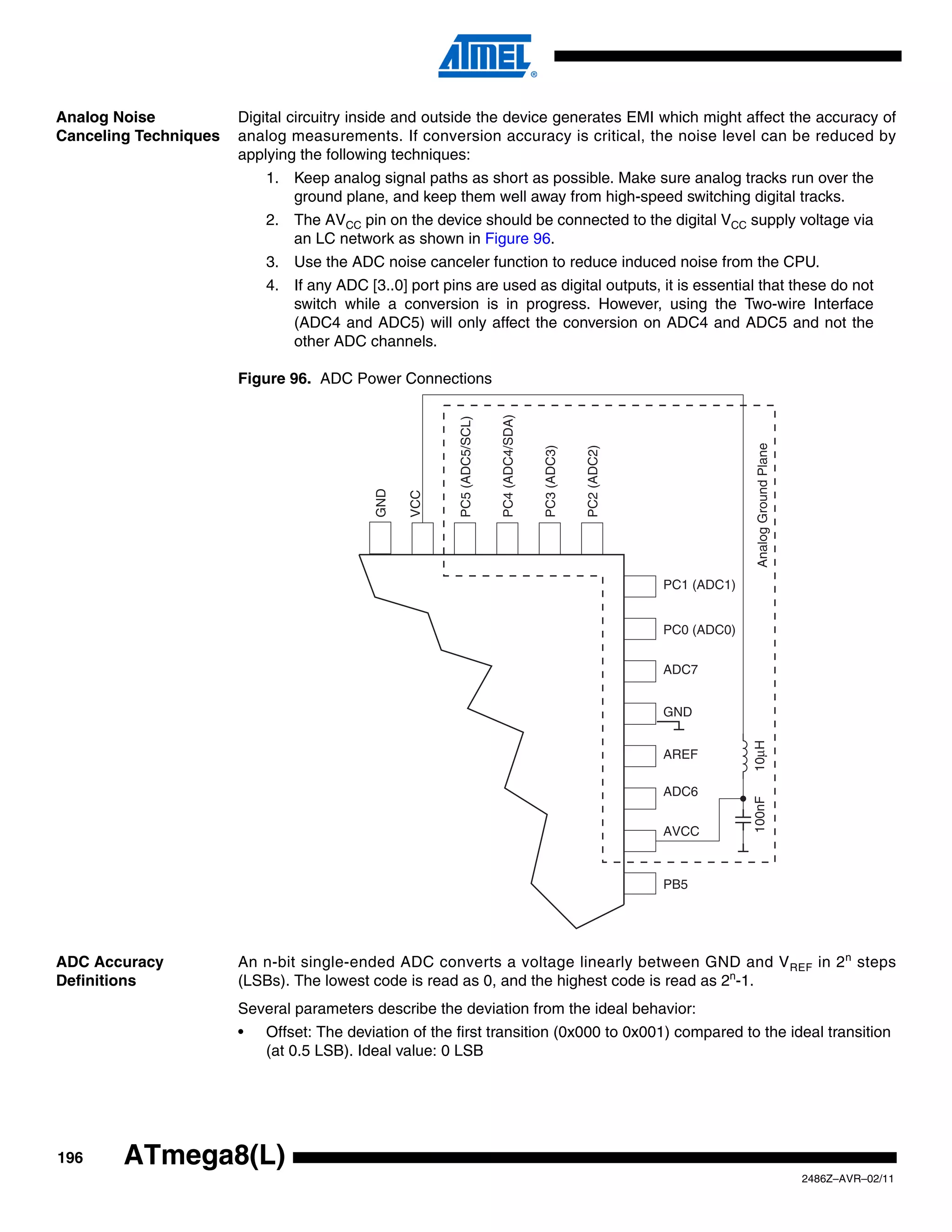 Analog Noise           Digital circuitry inside and outside the device generates EMI which might affect the accuracy of
Canceling Techniques   analog measurements. If conversion accuracy is critical, the noise level can be reduced by
                       applying the following techniques:
                           1. Keep analog signal paths as short as possible. Make sure analog tracks run over the
                              ground plane, and keep them well away from high-speed switching digital tracks.
                           2. The AVCC pin on the device should be connected to the digital VCC supply voltage via
                              an LC network as shown in Figure 96.
                           3. Use the ADC noise canceler function to reduce induced noise from the CPU.
                           4. If any ADC [3..0] port pins are used as digital outputs, it is essential that these do not
                              switch while a conversion is in progress. However, using the Two-wire Interface
                              (ADC4 and ADC5) will only affect the conversion on ADC4 and ADC5 and not the
                              other ADC channels.

                       Figure 96. ADC Power Connections




                                                                         PC4 (ADC4/SDA)
                                                        PC5 (ADC5/SCL)




                                                                                                                                  Analog Ground Plane
                                                                                          PC3 (ADC3)


                                                                                                       PC2 (ADC2)
                                           GND

                                                 VCC




                                                                                                                    PC1 (ADC1)


                                                                                                                    PC0 (ADC0)


                                                                                                                    ADC7


                                                                                                                    GND


                                                                                                                    AREF         10μH

                                                                                                                    ADC6
                                                                                                                                 100nF




                                                                                                                    AVCC



                                                                                                                    PB5




ADC Accuracy           An n-bit single-ended ADC converts a voltage linearly between GND and V REF in 2 n steps
Definitions            (LSBs). The lowest code is read as 0, and the highest code is read as 2n-1.
                       Several parameters describe the deviation from the ideal behavior:
                       •   Offset: The deviation of the first transition (0x000 to 0x001) compared to the ideal transition
                           (at 0.5 LSB). Ideal value: 0 LSB




196     ATmega8(L)
                                                                                                                                                        2486Z–AVR–02/11
 