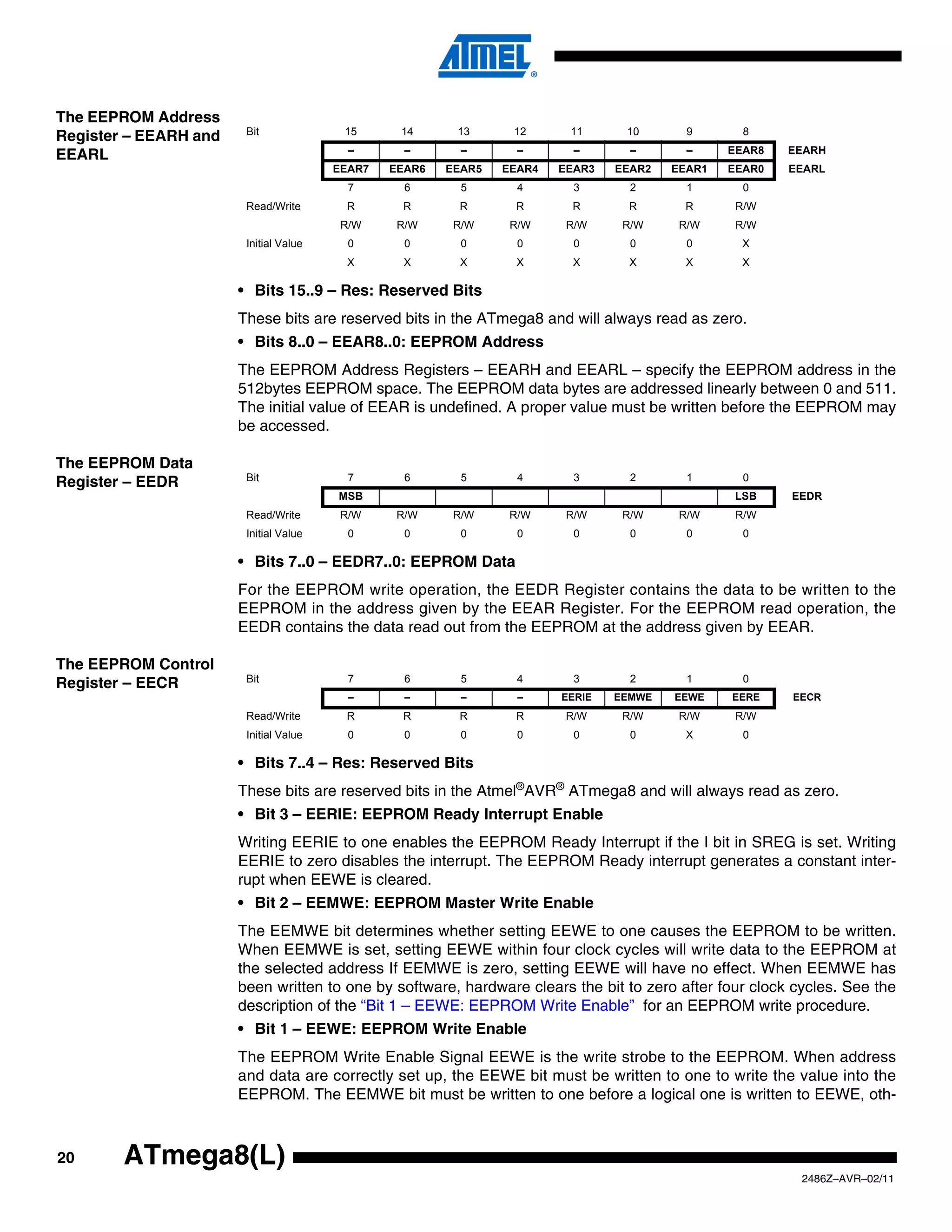The EEPROM Address
                        Bit              15      14      13      12      11      10       9       8
Register – EEARH and
                                          –       –       –       –       –       –       –     EEAR8   EEARH
EEARL
                                        EEAR7   EEAR6   EEAR5   EEAR4   EEAR3   EEAR2   EEAR1   EEAR0   EEARL
                                          7       6       5       4       3       2       1       0
                        Read/Write       R       R       R       R       R       R       R       R/W
                                         R/W     R/W     R/W     R/W     R/W     R/W     R/W     R/W
                        Initial Value     0       0       0       0       0       0       0      X
                                          X       X       X       X       X       X       X       X

                       • Bits 15..9 – Res: Reserved Bits
                       These bits are reserved bits in the ATmega8 and will always read as zero.
                       • Bits 8..0 – EEAR8..0: EEPROM Address
                       The EEPROM Address Registers – EEARH and EEARL – specify the EEPROM address in the
                       512bytes EEPROM space. The EEPROM data bytes are addressed linearly between 0 and 511.
                       The initial value of EEAR is undefined. A proper value must be written before the EEPROM may
                       be accessed.

The EEPROM Data
                        Bit               7       6       5       4       3       2       1       0
Register – EEDR
                                        MSB                                                     LSB     EEDR
                        Read/Write       R/W     R/W     R/W     R/W     R/W     R/W     R/W     R/W
                        Initial Value     0       0       0       0       0       0       0       0

                       • Bits 7..0 – EEDR7..0: EEPROM Data
                       For the EEPROM write operation, the EEDR Register contains the data to be written to the
                       EEPROM in the address given by the EEAR Register. For the EEPROM read operation, the
                       EEDR contains the data read out from the EEPROM at the address given by EEAR.

The EEPROM Control
                        Bit               7       6       5       4       3       2       1       0
Register – EECR
                                          –       –       –       –     EERIE   EEMWE   EEWE    EERE    EECR
                        Read/Write       R       R       R       R       R/W     R/W     R/W     R/W
                        Initial Value     0       0       0       0       0       0       X       0

                       • Bits 7..4 – Res: Reserved Bits
                       These bits are reserved bits in the Atmel®AVR® ATmega8 and will always read as zero.
                       • Bit 3 – EERIE: EEPROM Ready Interrupt Enable
                       Writing EERIE to one enables the EEPROM Ready Interrupt if the I bit in SREG is set. Writing
                       EERIE to zero disables the interrupt. The EEPROM Ready interrupt generates a constant inter-
                       rupt when EEWE is cleared.
                       • Bit 2 – EEMWE: EEPROM Master Write Enable
                       The EEMWE bit determines whether setting EEWE to one causes the EEPROM to be written.
                       When EEMWE is set, setting EEWE within four clock cycles will write data to the EEPROM at
                       the selected address If EEMWE is zero, setting EEWE will have no effect. When EEMWE has
                       been written to one by software, hardware clears the bit to zero after four clock cycles. See the
                       description of the “Bit 1 – EEWE: EEPROM Write Enable” for an EEPROM write procedure.
                       • Bit 1 – EEWE: EEPROM Write Enable
                       The EEPROM Write Enable Signal EEWE is the write strobe to the EEPROM. When address
                       and data are correctly set up, the EEWE bit must be written to one to write the value into the
                       EEPROM. The EEMWE bit must be written to one before a logical one is written to EEWE, oth-



20      ATmega8(L)
                                                                                                          2486Z–AVR–02/11
 