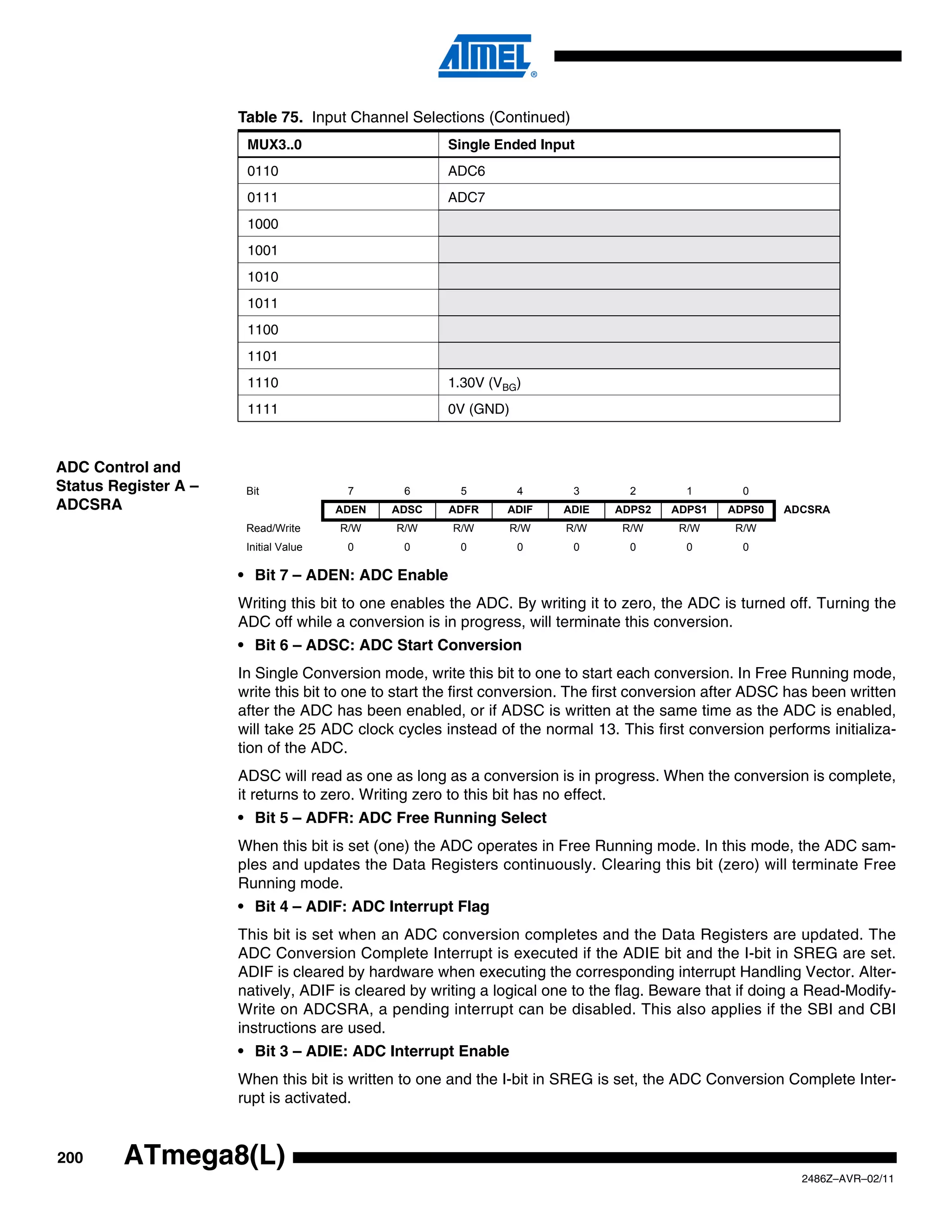Table 75. Input Channel Selections (Continued)
                       MUX3..0                        Single Ended Input
                       0110                           ADC6
                       0111                           ADC7
                       1000
                       1001
                       1010
                       1011
                       1100
                       1101
                       1110                           1.30V (VBG)
                       1111                           0V (GND)



ADC Control and
Status Register A –    Bit              7      6        5         4      3        2       1        0
ADCSRA                                 ADEN   ADSC    ADFR     ADIF    ADIE    ADPS2    ADPS1    ADPS0   ADCSRA
                       Read/Write      R/W    R/W     R/W        R/W    R/W     R/W      R/W      R/W
                       Initial Value    0      0        0         0      0        0       0        0

                      • Bit 7 – ADEN: ADC Enable
                      Writing this bit to one enables the ADC. By writing it to zero, the ADC is turned off. Turning the
                      ADC off while a conversion is in progress, will terminate this conversion.
                      • Bit 6 – ADSC: ADC Start Conversion
                      In Single Conversion mode, write this bit to one to start each conversion. In Free Running mode,
                      write this bit to one to start the first conversion. The first conversion after ADSC has been written
                      after the ADC has been enabled, or if ADSC is written at the same time as the ADC is enabled,
                      will take 25 ADC clock cycles instead of the normal 13. This first conversion performs initializa-
                      tion of the ADC.
                      ADSC will read as one as long as a conversion is in progress. When the conversion is complete,
                      it returns to zero. Writing zero to this bit has no effect.
                      • Bit 5 – ADFR: ADC Free Running Select
                      When this bit is set (one) the ADC operates in Free Running mode. In this mode, the ADC sam-
                      ples and updates the Data Registers continuously. Clearing this bit (zero) will terminate Free
                      Running mode.
                      • Bit 4 – ADIF: ADC Interrupt Flag
                      This bit is set when an ADC conversion completes and the Data Registers are updated. The
                      ADC Conversion Complete Interrupt is executed if the ADIE bit and the I-bit in SREG are set.
                      ADIF is cleared by hardware when executing the corresponding interrupt Handling Vector. Alter-
                      natively, ADIF is cleared by writing a logical one to the flag. Beware that if doing a Read-Modify-
                      Write on ADCSRA, a pending interrupt can be disabled. This also applies if the SBI and CBI
                      instructions are used.
                      • Bit 3 – ADIE: ADC Interrupt Enable
                      When this bit is written to one and the I-bit in SREG is set, the ADC Conversion Complete Inter-
                      rupt is activated.


200      ATmega8(L)
                                                                                                            2486Z–AVR–02/11
 